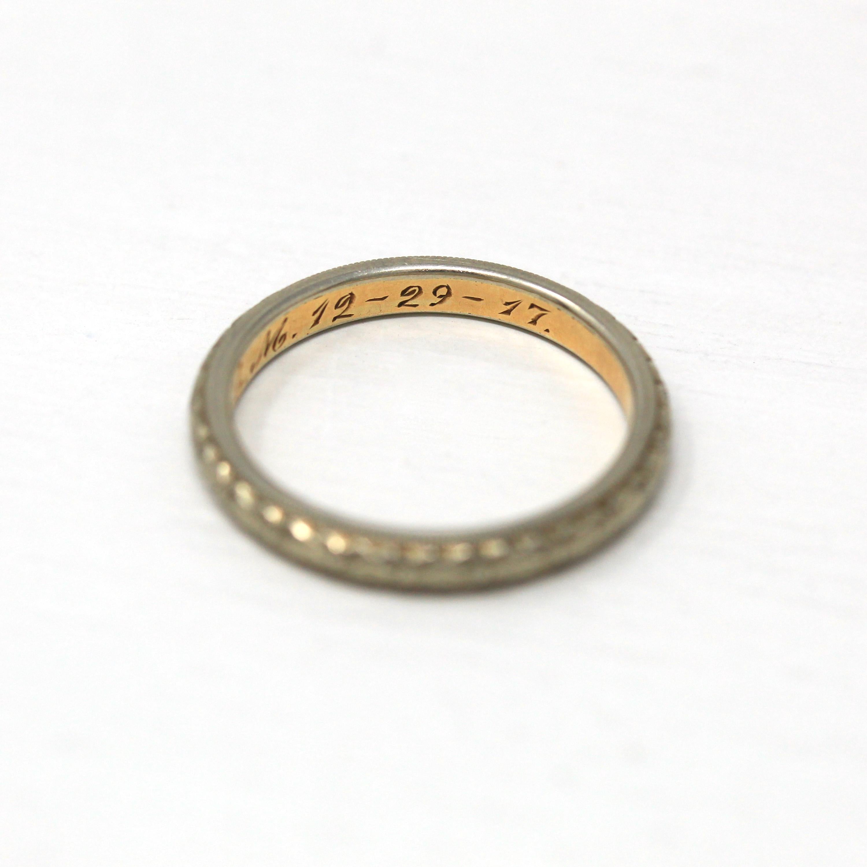 Antique Wedding Band - Edwardian 18k White & Yellow Gold Engraved "WAR to ELM 12-29-17" Ring - Dated 1917 Size 7 1/2 Orange Blossom Jewelry