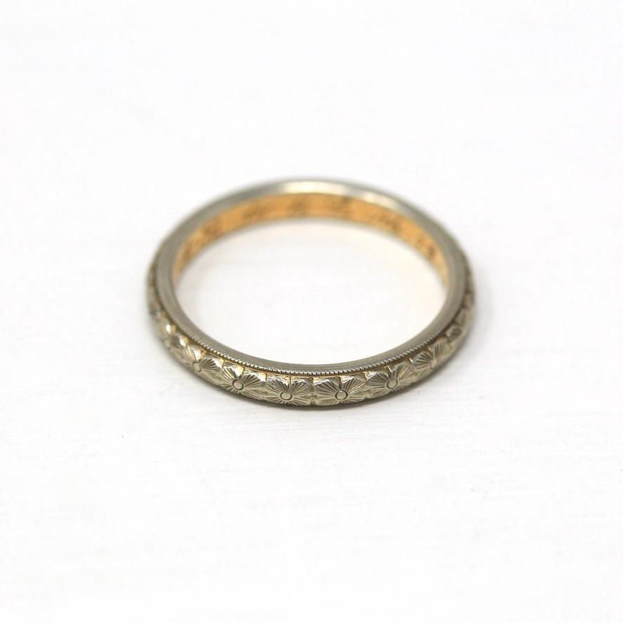 Antique Wedding Band - Edwardian 18k White & Yellow Gold Engraved "WAR to ELM 12-29-17" Ring - Dated 1917 Size 7 1/2 Orange Blossom Jewelry