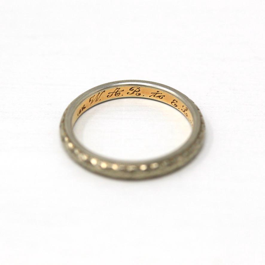 Antique Wedding Band - Edwardian 18k White & Yellow Gold Engraved "WAR to ELM 12-29-17" Ring - Dated 1917 Size 7 1/2 Orange Blossom Jewelry