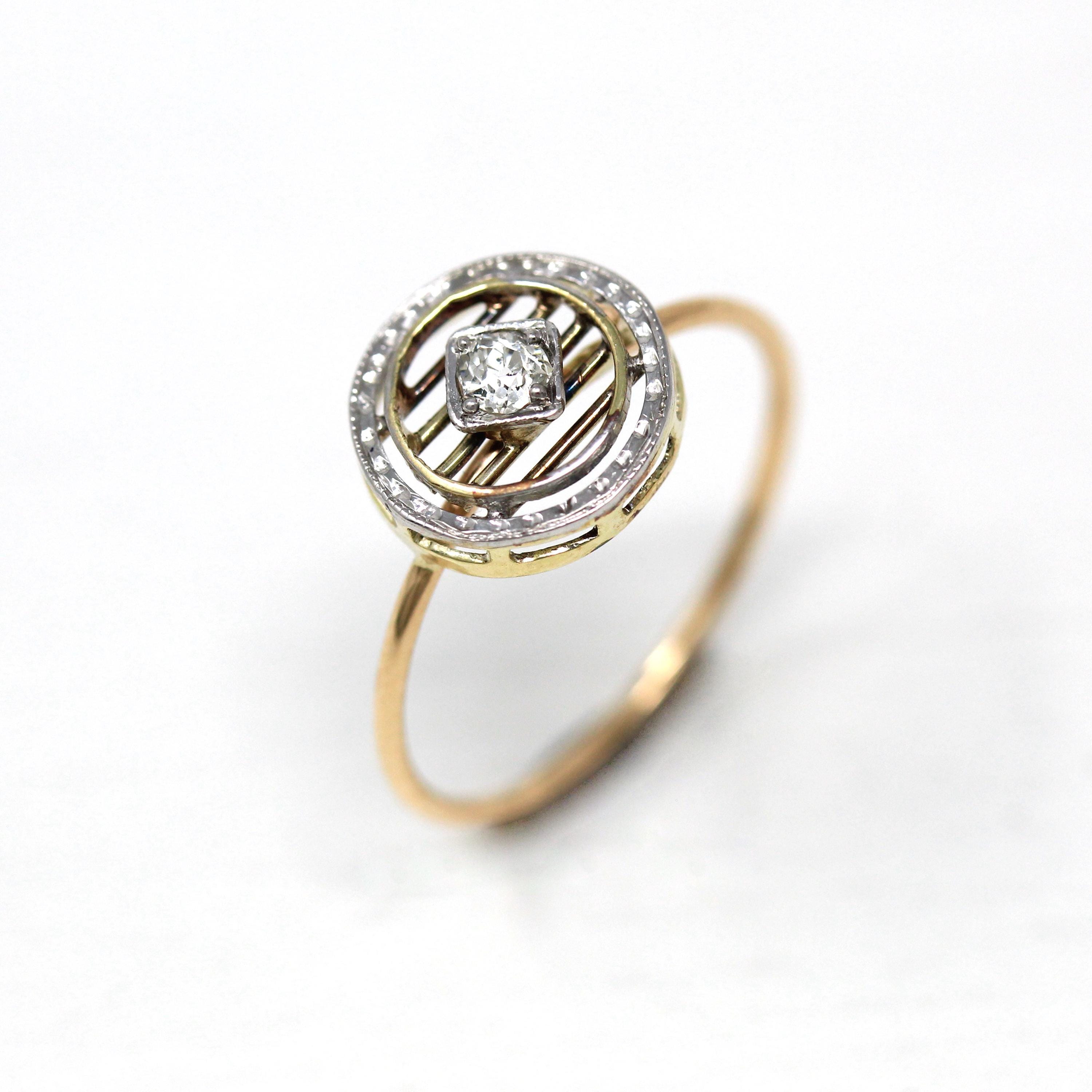 Art Deco Ring - Vintage 10k Yellow & White Gold Genuine .08 CT Diamond Gemstone - 1930s Era Size 6.5 Pin Conversion Target Fine Jewelry