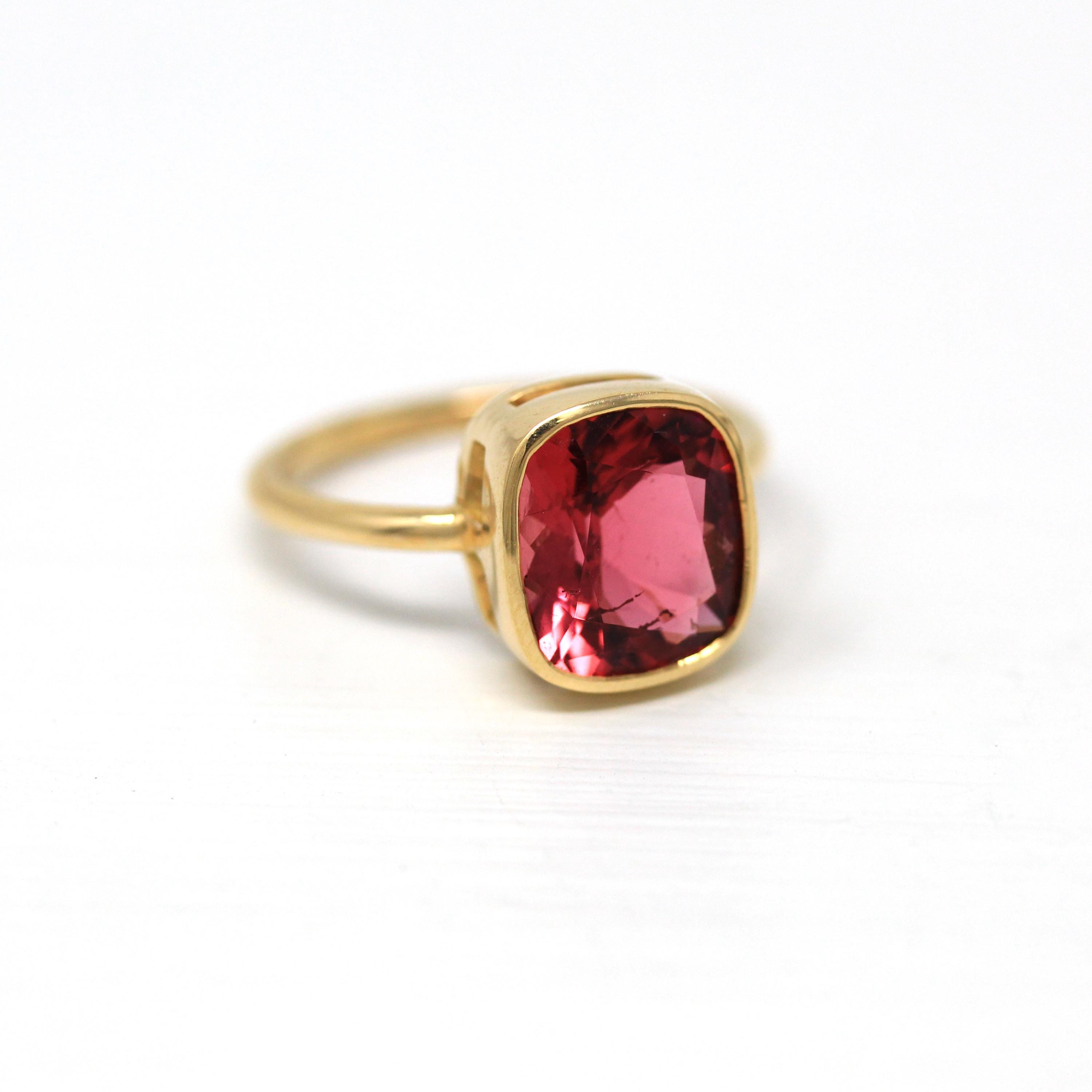 5.60 ct Rubellite Ring - 18k Yellow Gold Bezel Set Pink Gemstone - Modern Size 6 1/4 Cushion Alternative Engagement Fine Cocktail Jewelry