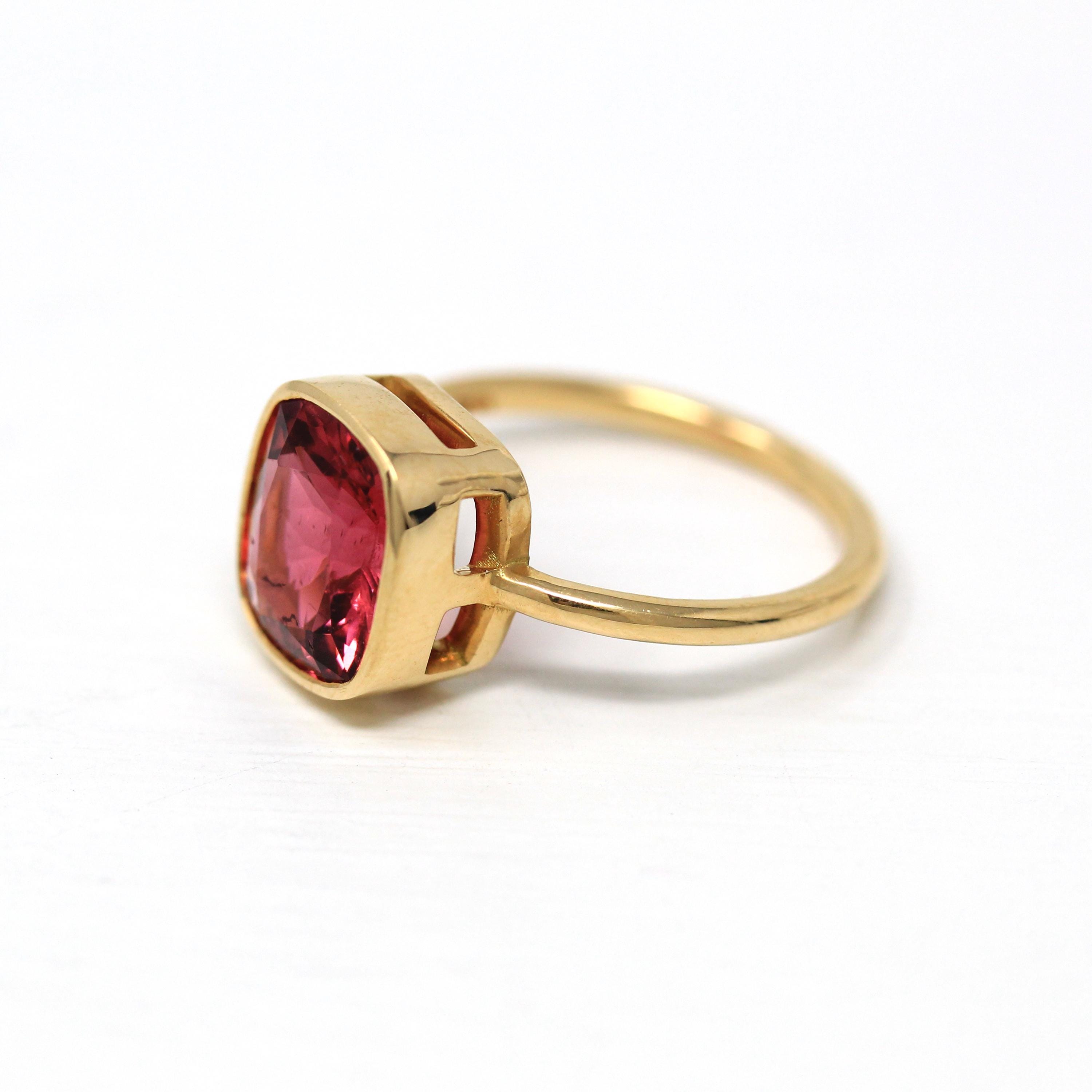 5.60 ct Rubellite Ring - 18k Yellow Gold Bezel Set Pink Gemstone - Modern Size 6 1/4 Cushion Alternative Engagement Fine Cocktail Jewelry