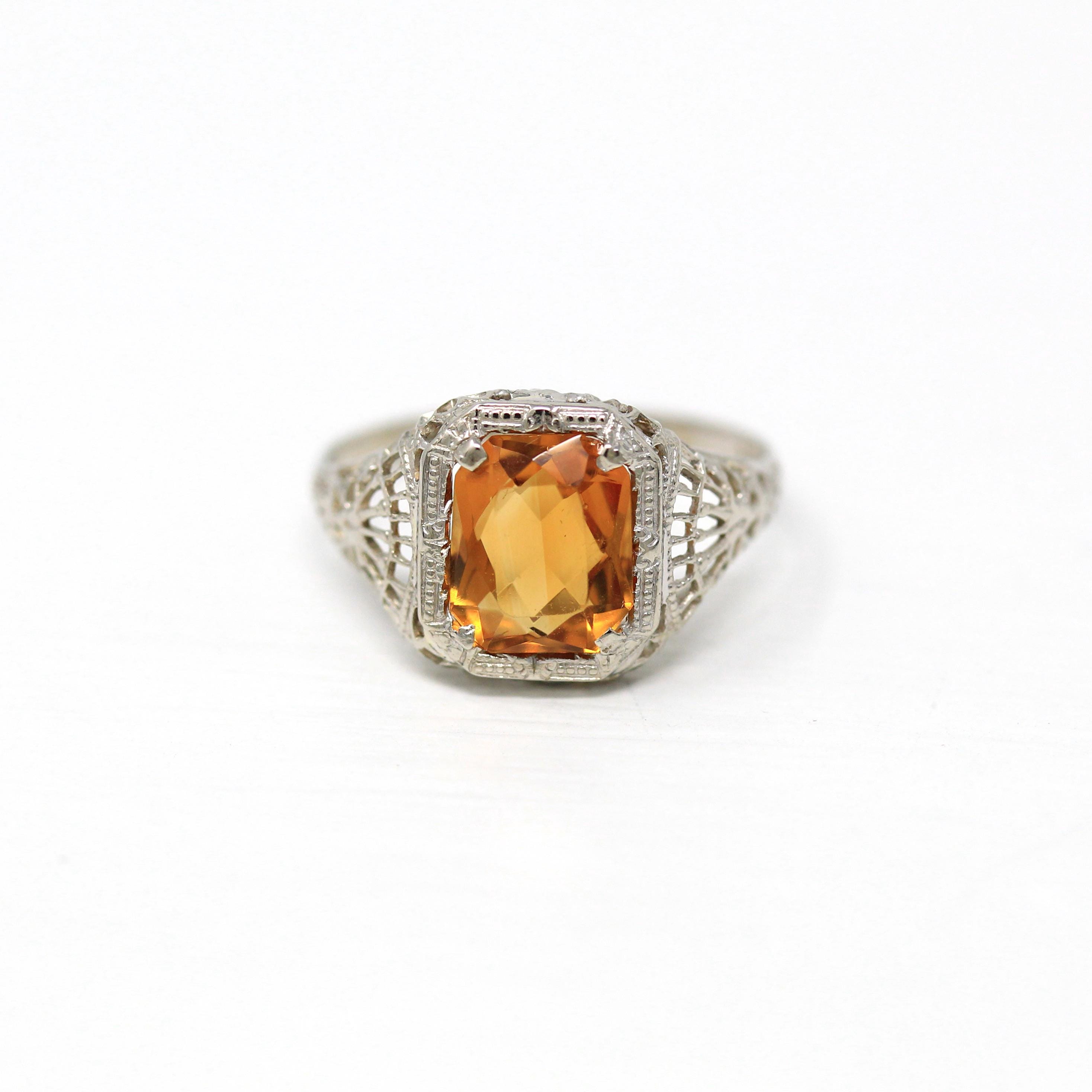 Vintage Filigree Ring - Art Deco Era 14k White Gold Genuine Citrine Solitaire - Vintage Circa 1930s Orange Gemstone Size 5 Fine Jewelry