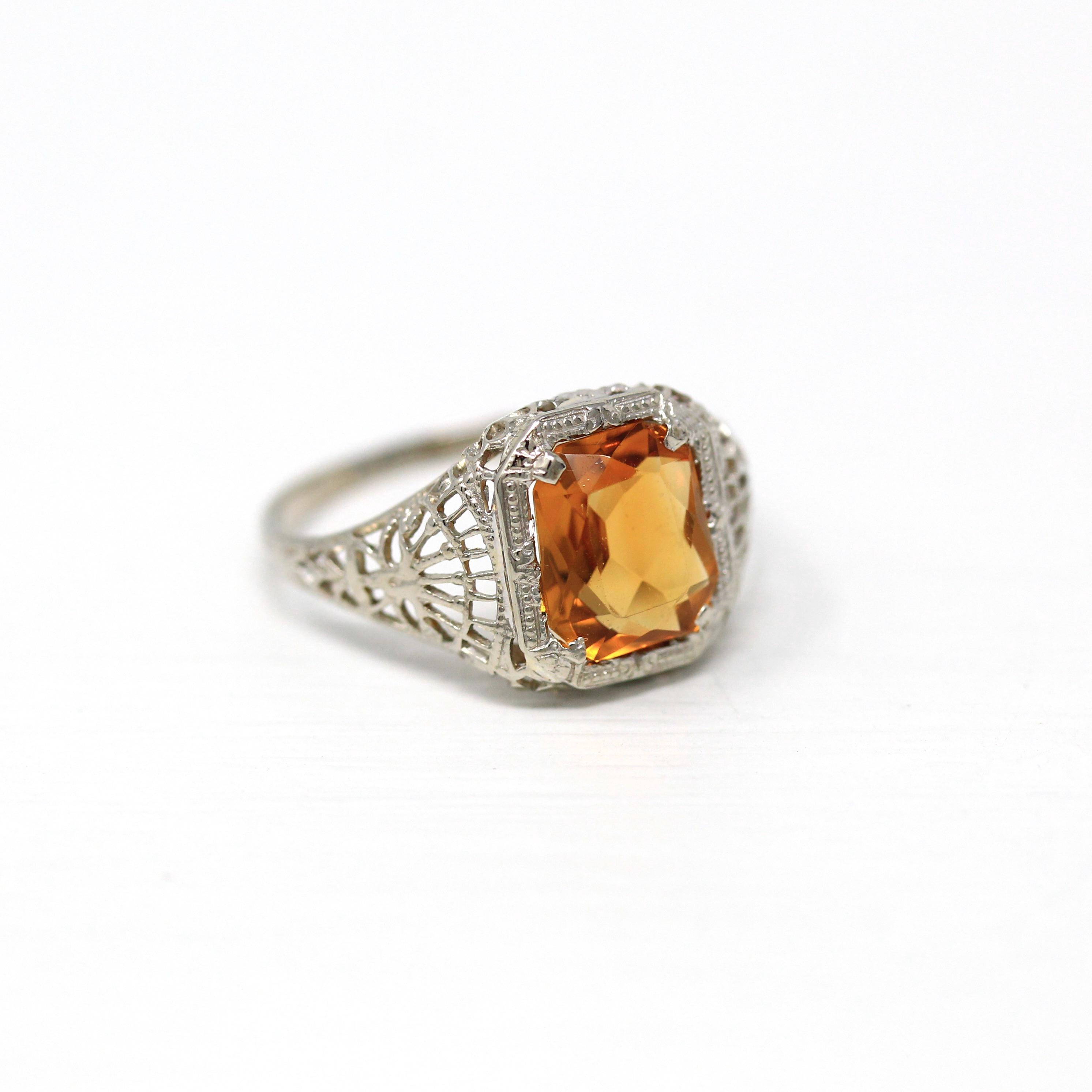 Vintage Filigree Ring - Art Deco Era 14k White Gold Genuine Citrine Solitaire - Vintage Circa 1930s Orange Gemstone Size 5 Fine Jewelry