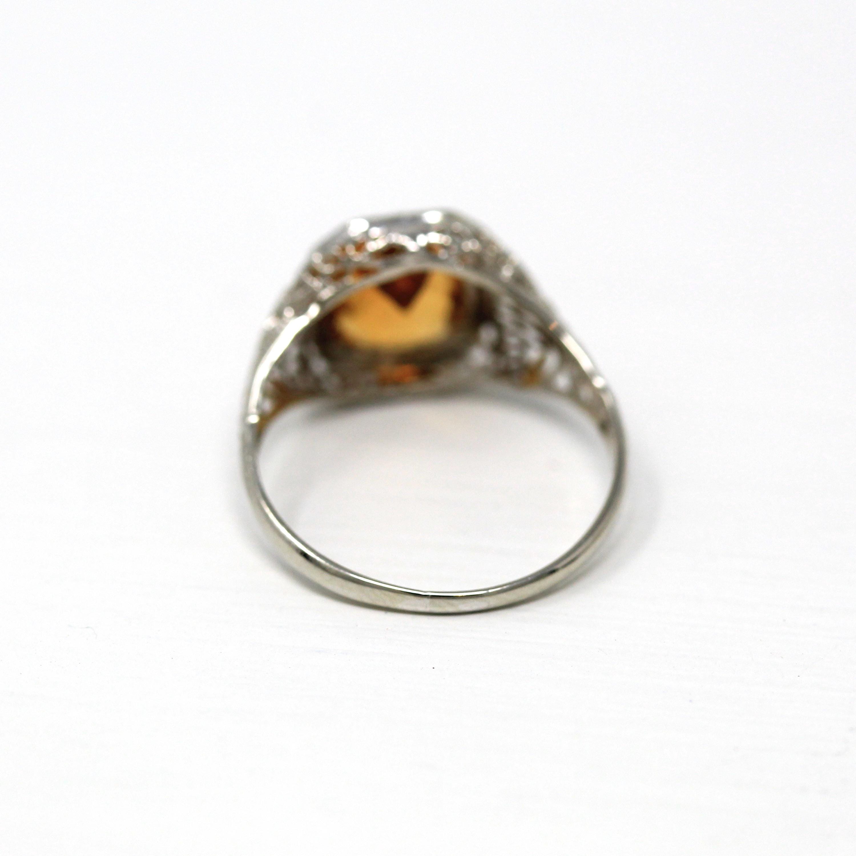 Vintage Filigree Ring - Art Deco Era 14k White Gold Genuine Citrine Solitaire - Vintage Circa 1930s Orange Gemstone Size 5 Fine Jewelry