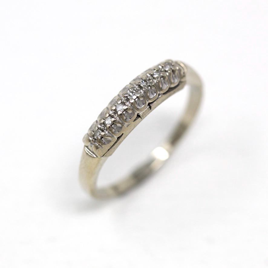 Mid Century Band - Vintage 14k White Gold .035 CTW Genuine Seven Diamonds Ring - Circa 1950s Era Size 8 Bridal Wedding Fine 50s Jewelry