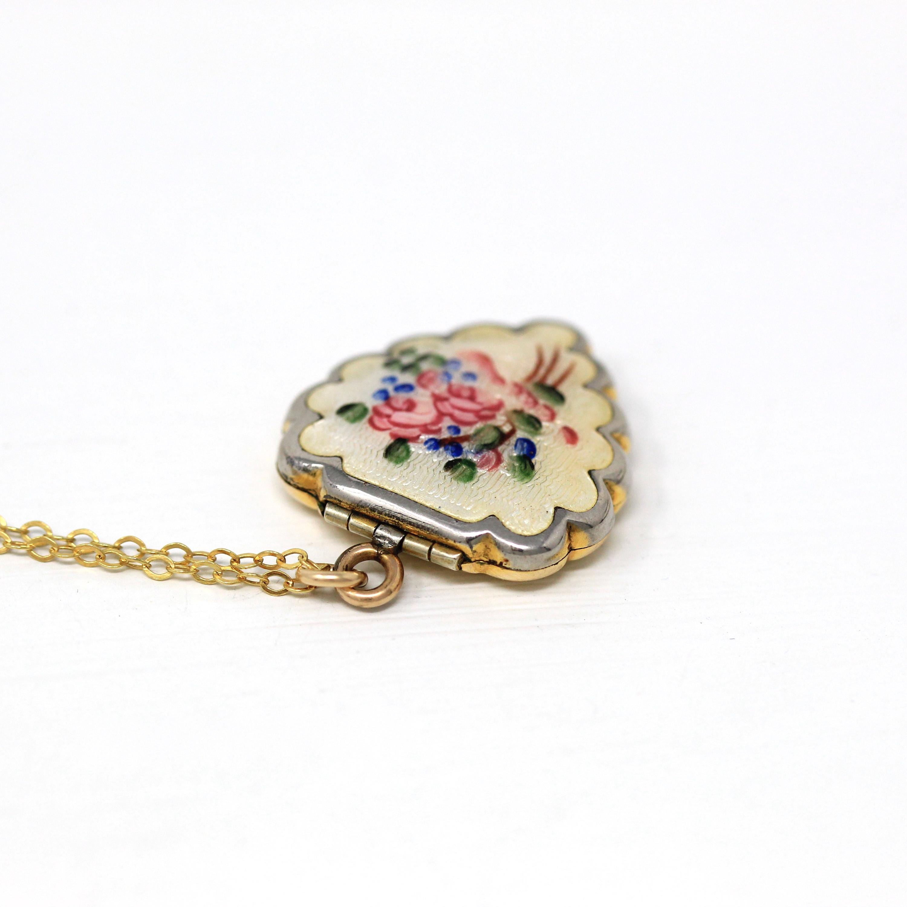 Vintage Heart Locket - Retro 12k Gold Filled Flower Enamel Necklace - 1940s Pink Enamel Pendant Keepsake Romantic Floral Jewelry