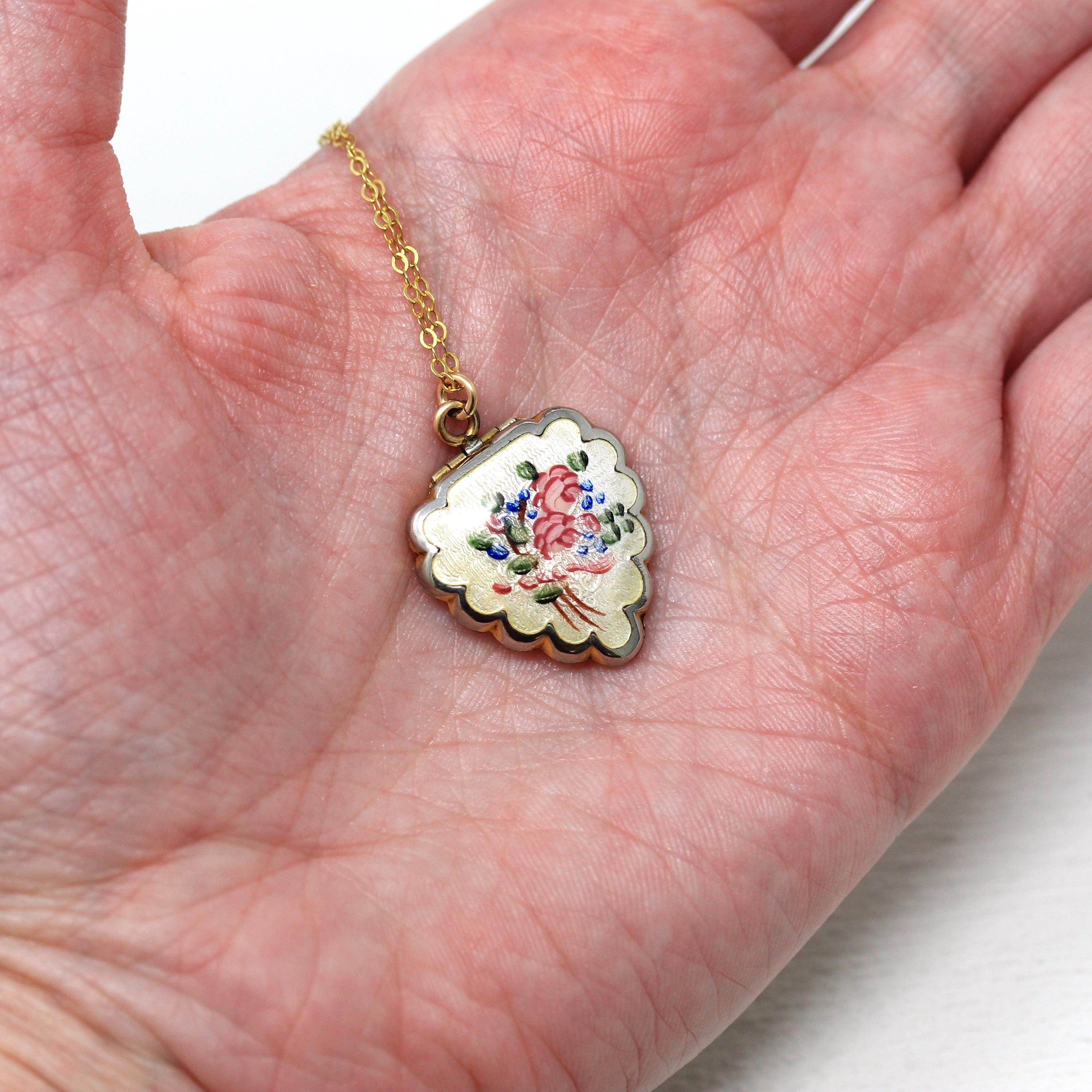 Vintage Heart Locket - Retro 12k Gold Filled Flower Enamel Necklace - 1940s Pink Enamel Pendant Keepsake Romantic Floral Jewelry