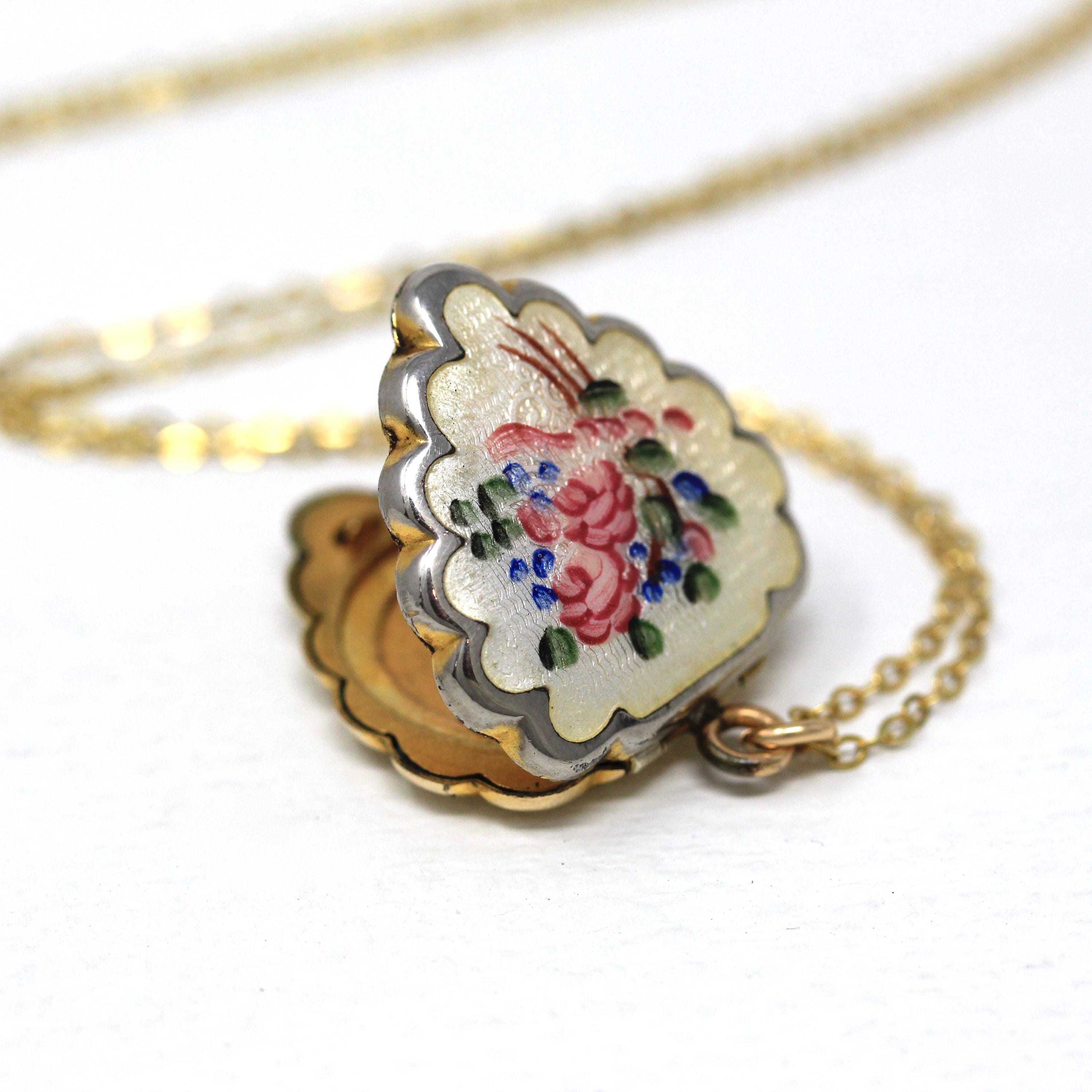 Vintage Heart Locket - Retro 12k Gold Filled Flower Enamel Necklace - 1940s Pink Enamel Pendant Keepsake Romantic Floral Jewelry