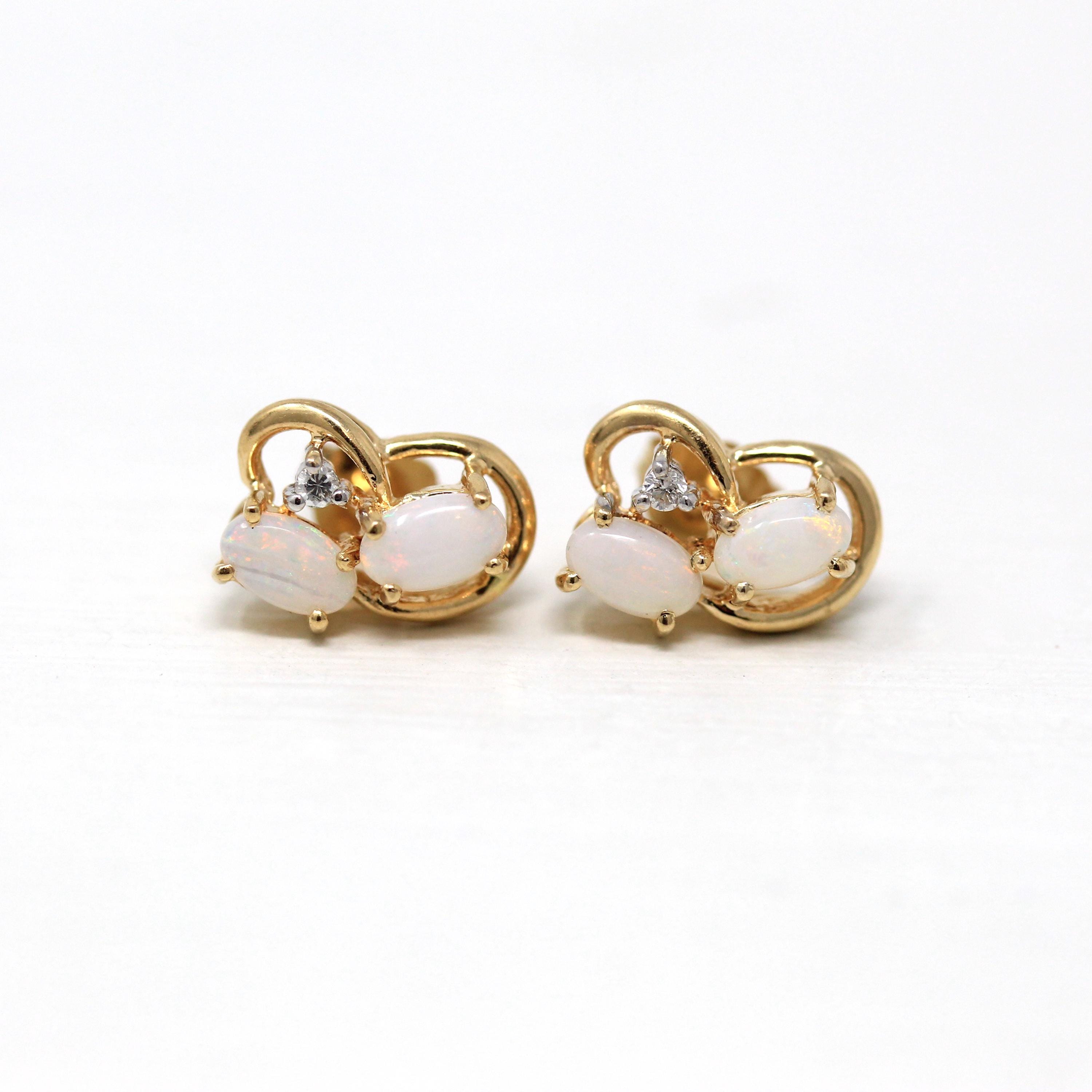 Opal Diamond Earrings - Modern 14k Yellow Gold Genuine Gemstone Cluster Studs - Circa 2000s Asymmetrical Everyday Fine Post Back Jewelry