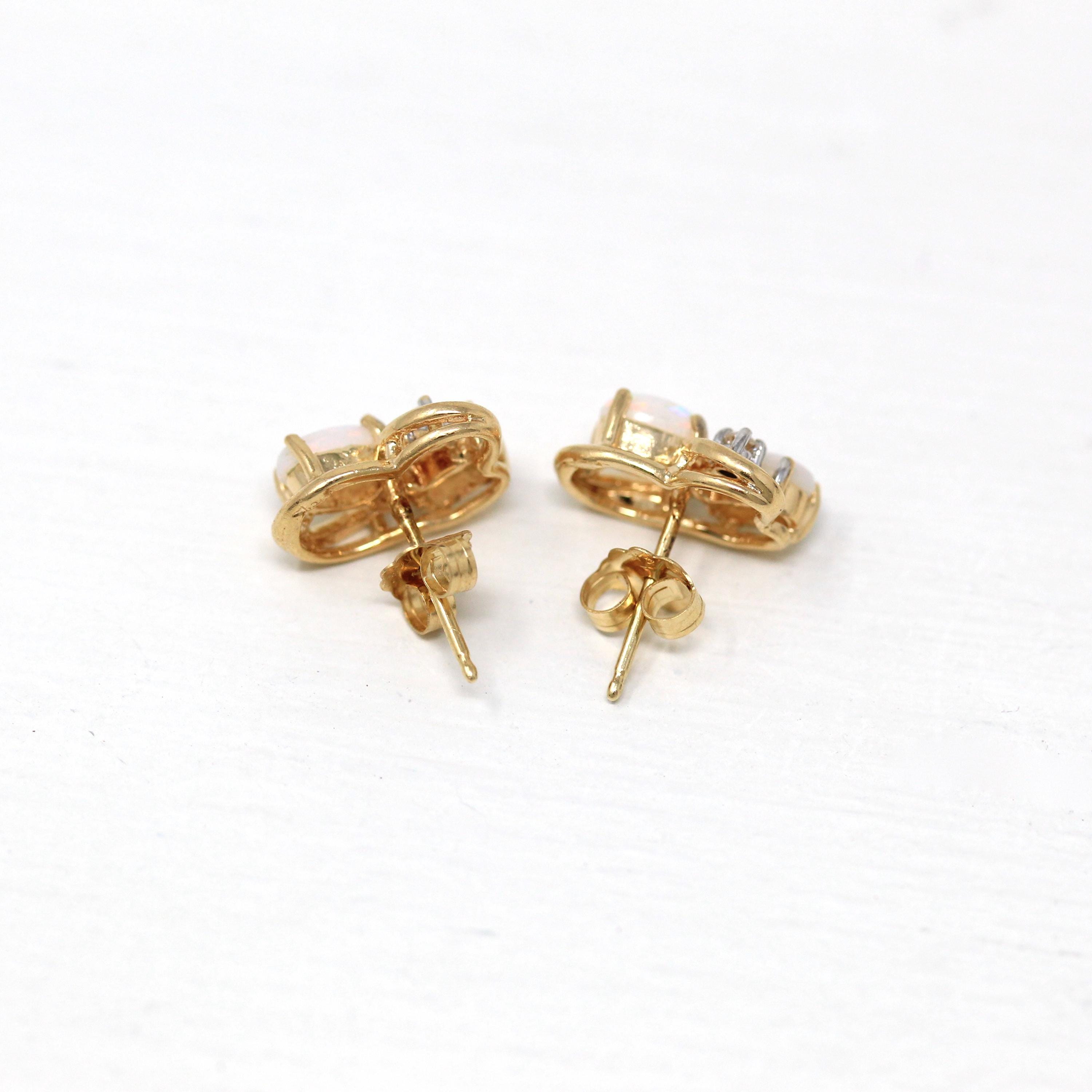 Opal Diamond Earrings - Modern 14k Yellow Gold Genuine Gemstone Cluster Studs - Circa 2000s Asymmetrical Everyday Fine Post Back Jewelry