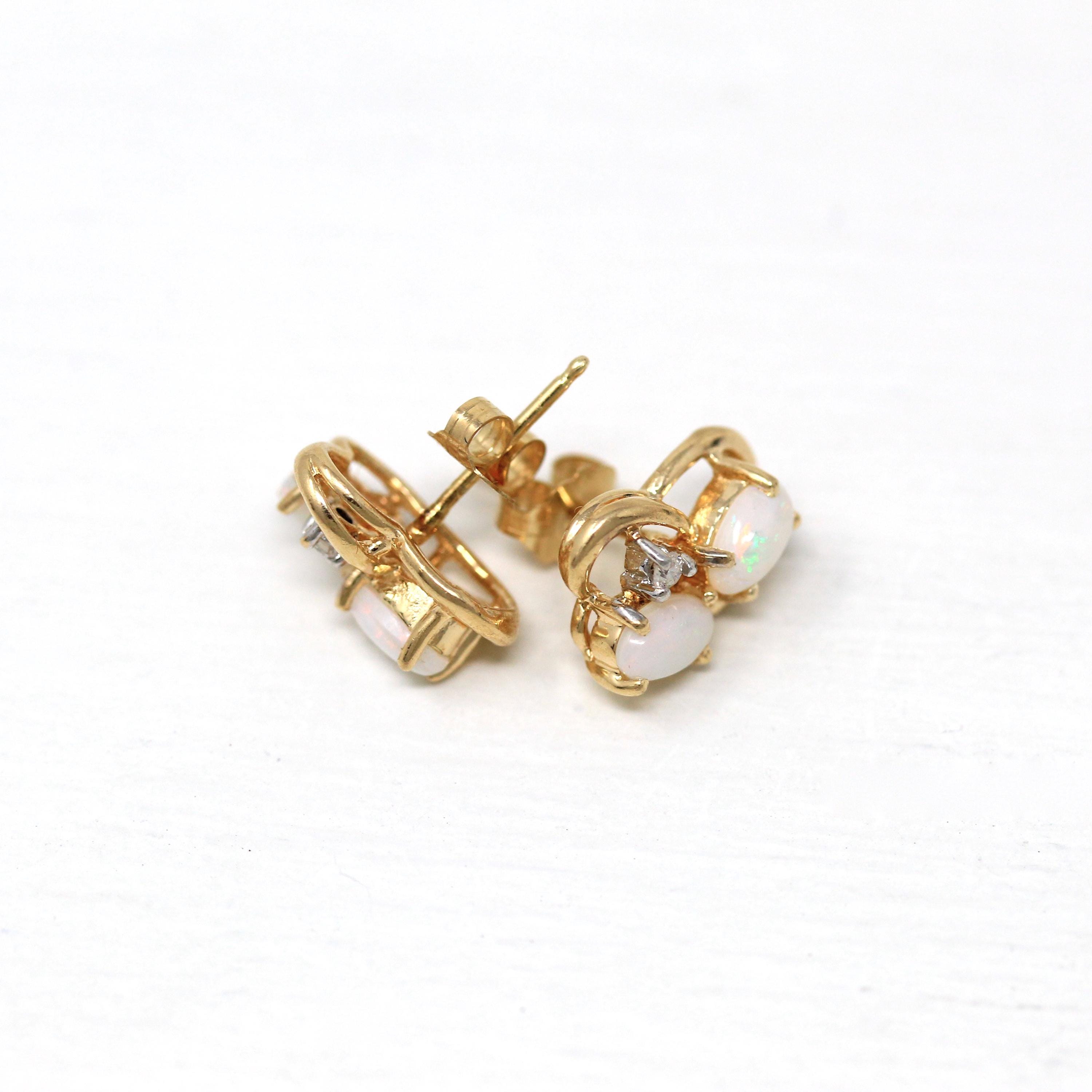 Opal Diamond Earrings - Modern 14k Yellow Gold Genuine Gemstone Cluster Studs - Circa 2000s Asymmetrical Everyday Fine Post Back Jewelry