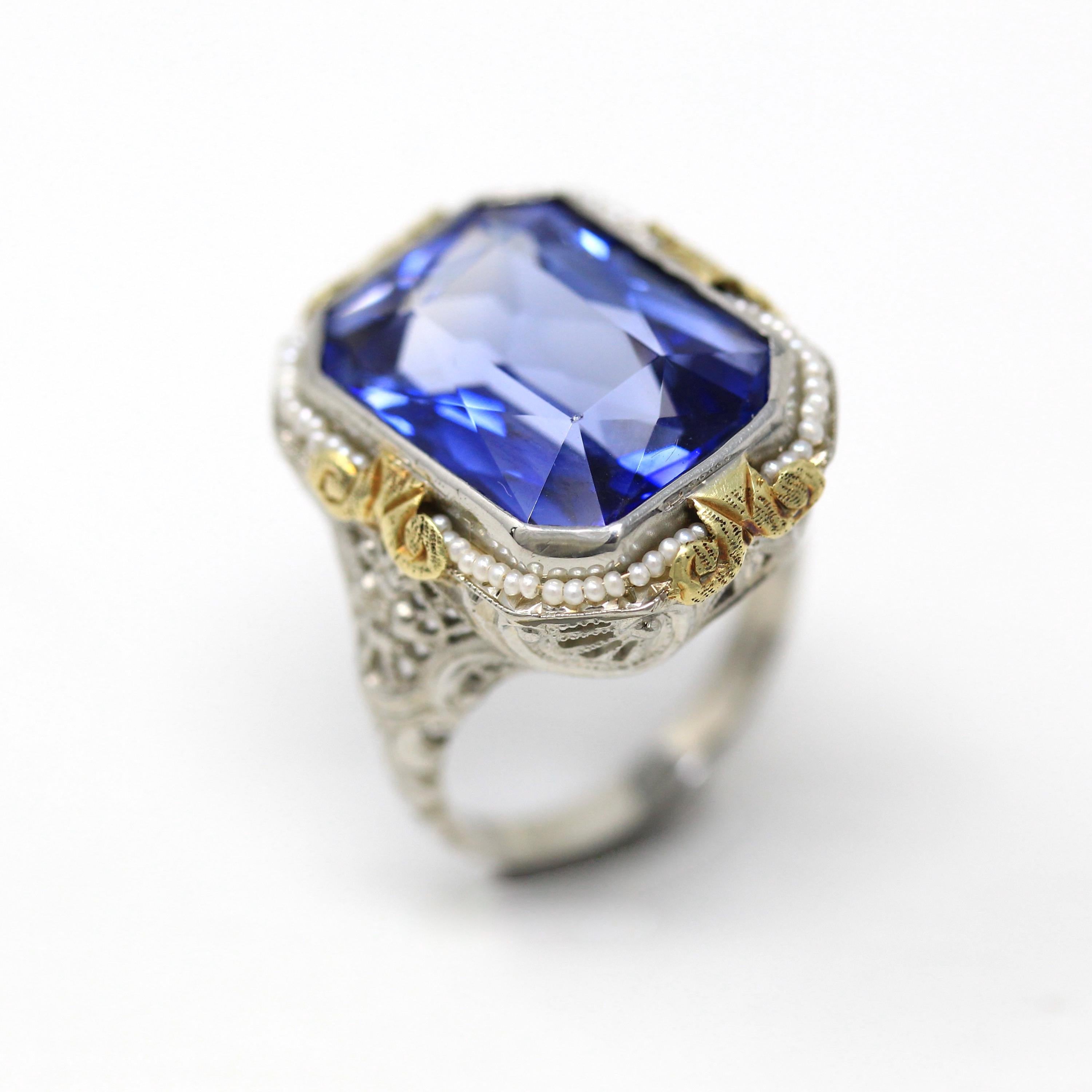 Vintage Art Deco Ring - 14k White Gold 12.4 Ct Created Sapphire Seed Pearl Halo Statement - Circa 1930s Flower Size 6 Two Tone Fine Jewelry