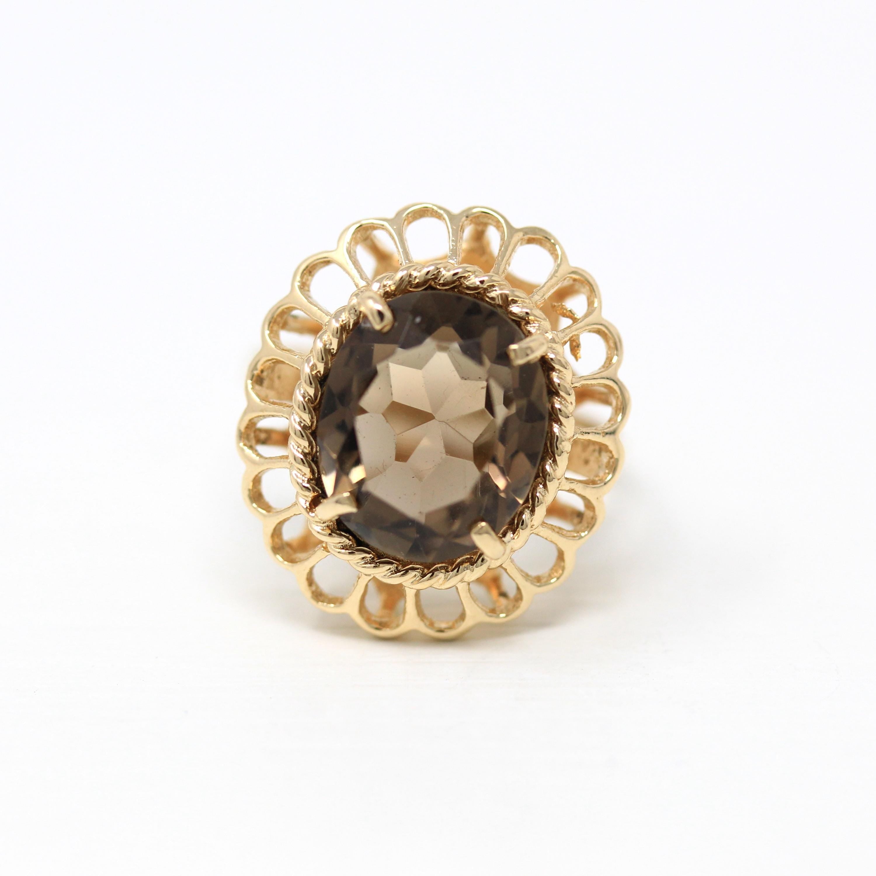 Smoky Quartz Ring - Retro 14k Yellow Gold Genuine Oval Faceted 3.78 CT Brown Gem - Vintage Circa 1970s Size 7 1/4 Statement Jewelry