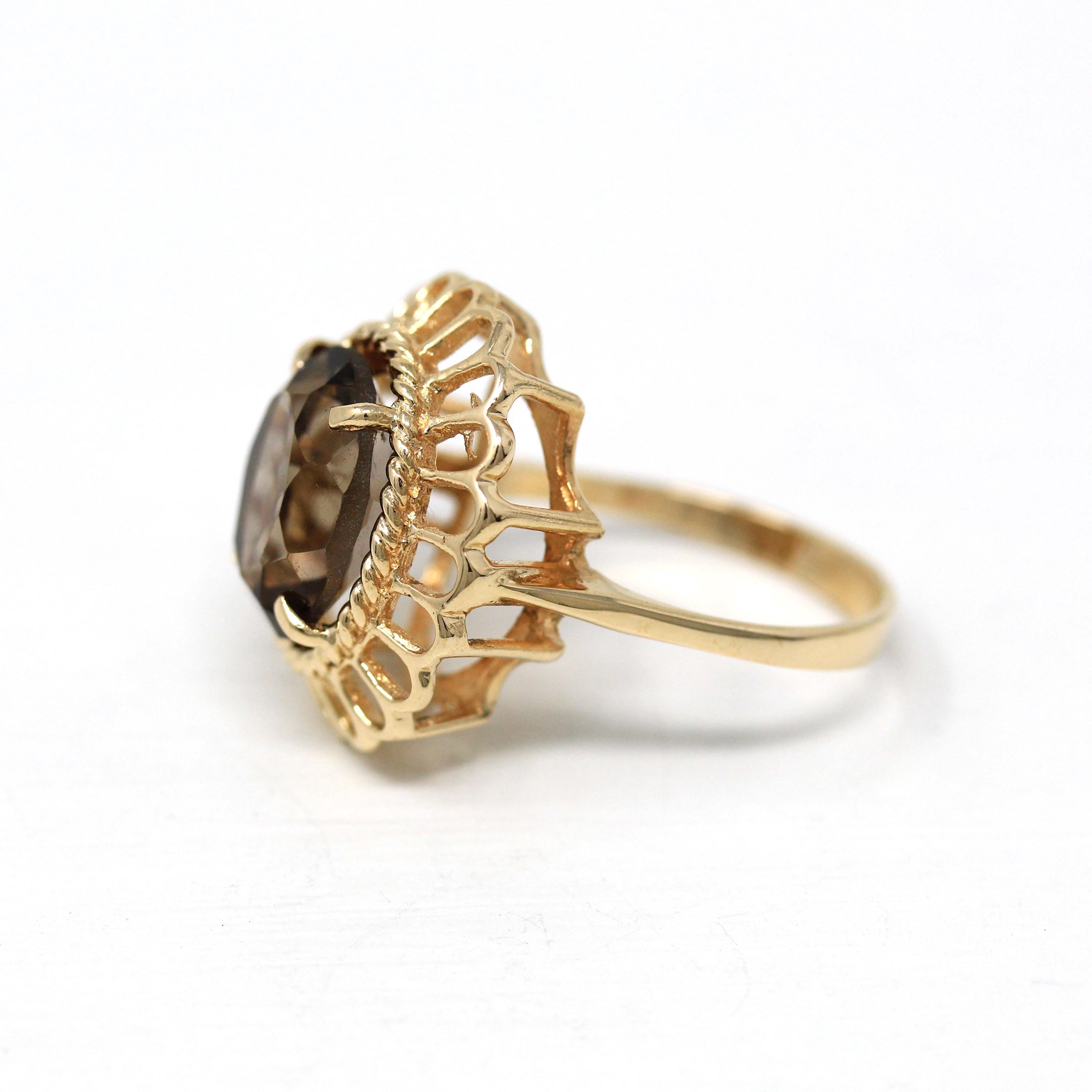 Smoky Quartz Ring - Retro 14k Yellow Gold Genuine Oval Faceted 3.78 CT Brown Gem - Vintage Circa 1970s Size 7 1/4 Statement Jewelry