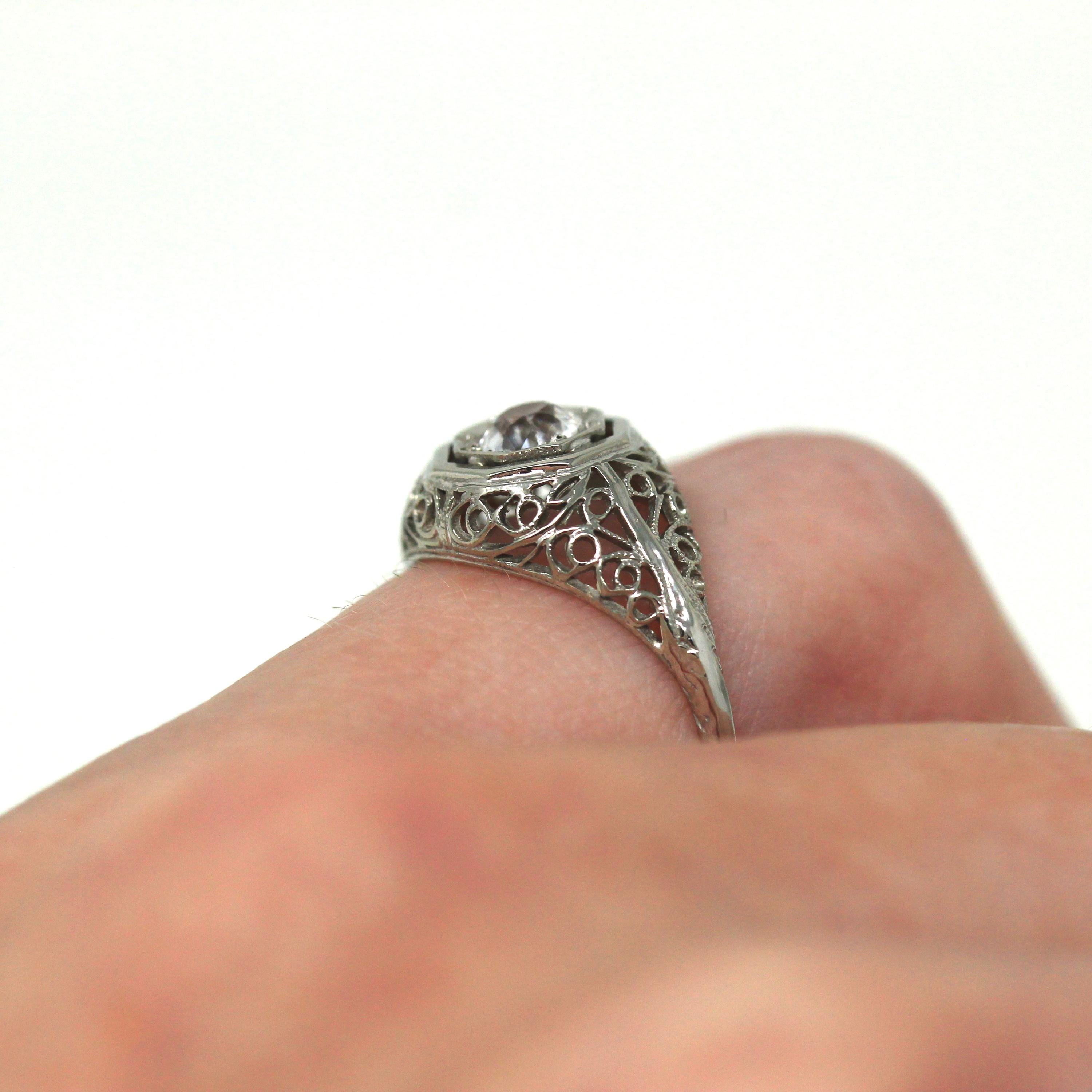 Created White Sapphire Ring - Antique 14k White Gold Filigree Engagement Fine Jewelry - Vintage 1930 Size 5 1/4 Wedding Flower Bridal