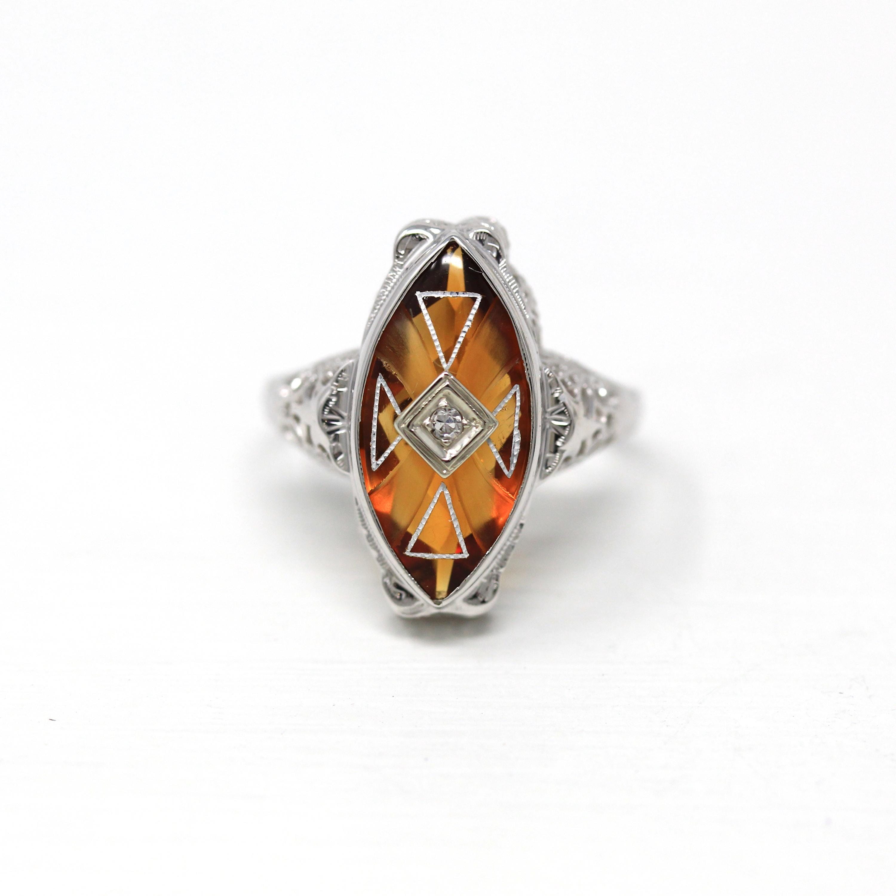 Vintage Filigree Ring - Art Deco 14k White Gold Genuine Citrine - Vintage Circa 1930s Orange Gemstone Size 7.5 Fine Diamond Enamel Jewelry