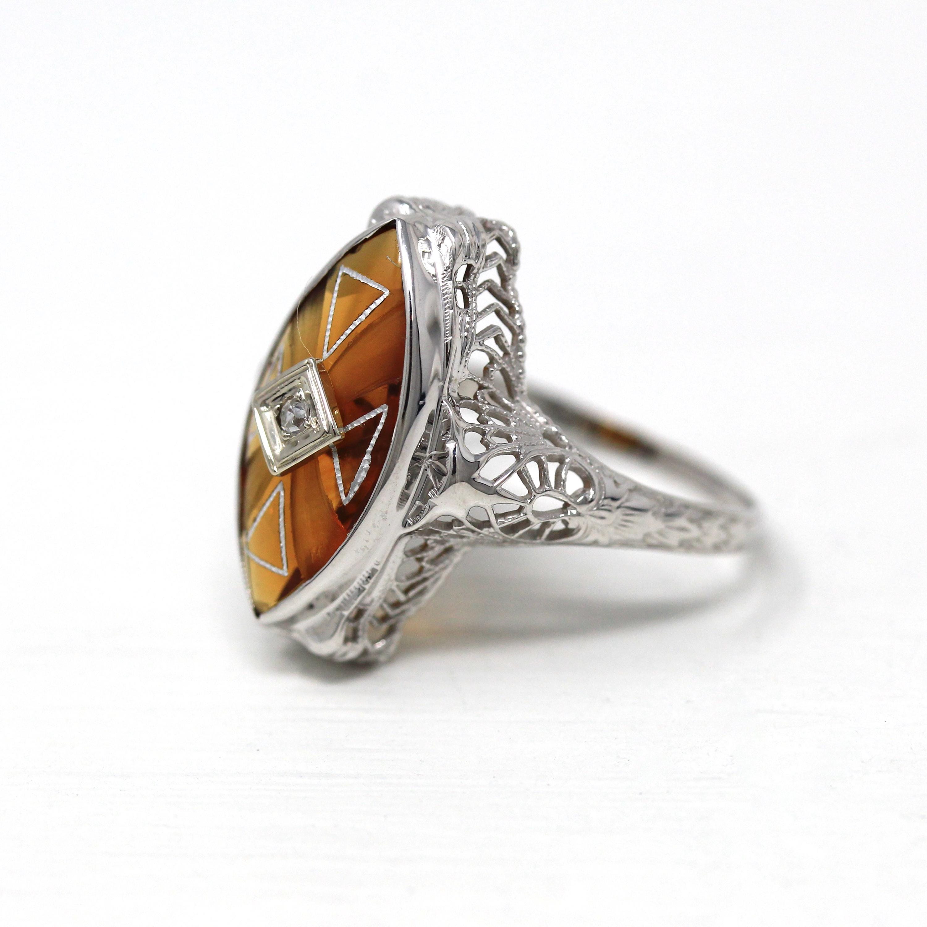 Vintage Filigree Ring - Art Deco 14k White Gold Genuine Citrine - Vintage Circa 1930s Orange Gemstone Size 7.5 Fine Diamond Enamel Jewelry