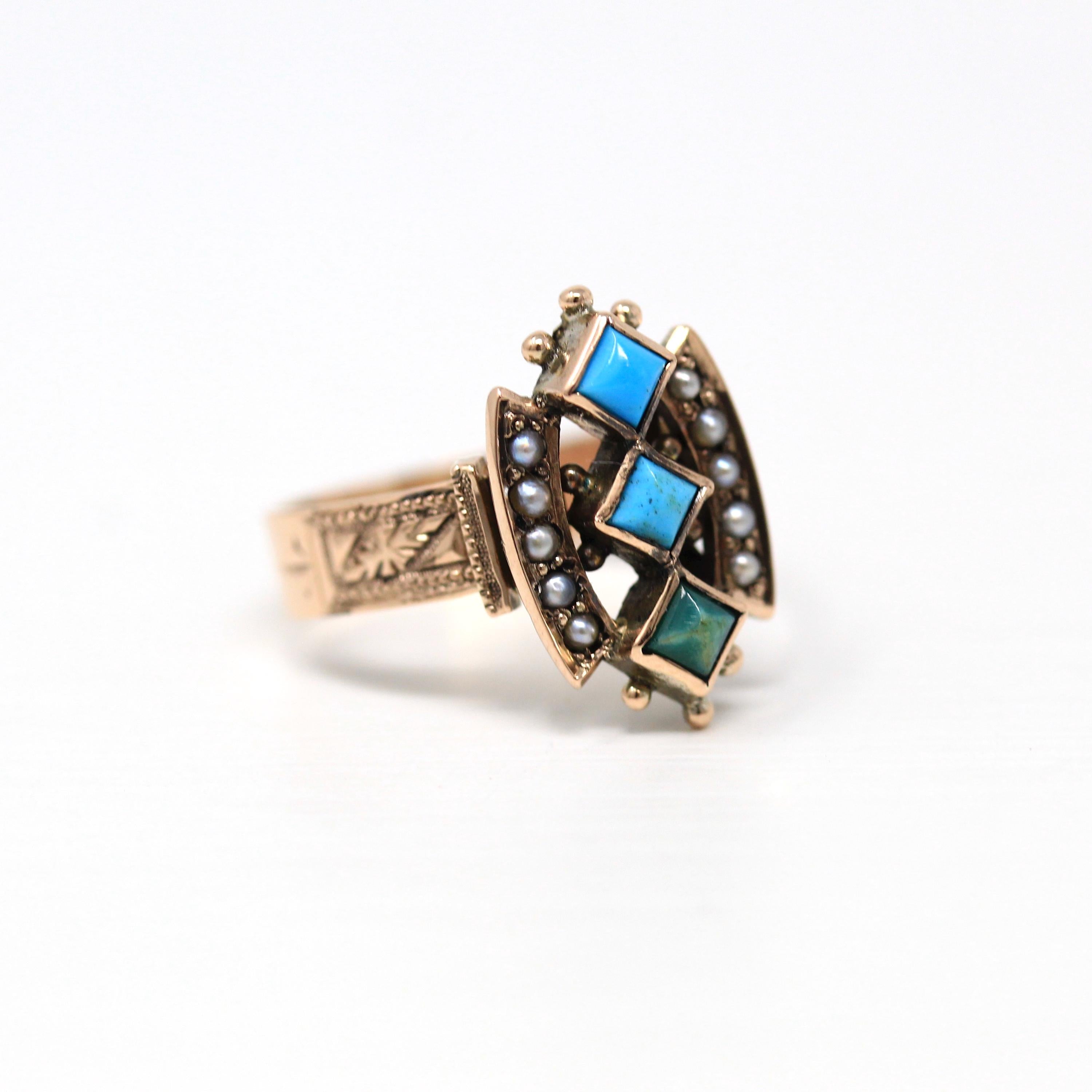 Antique Turquoise Ring - Victorian 10k Yellow Gold Green & Blue Genuine Gems Statement - Circa 1890s Era Size 6 1/4 Seed Pearl Fine Jewelry