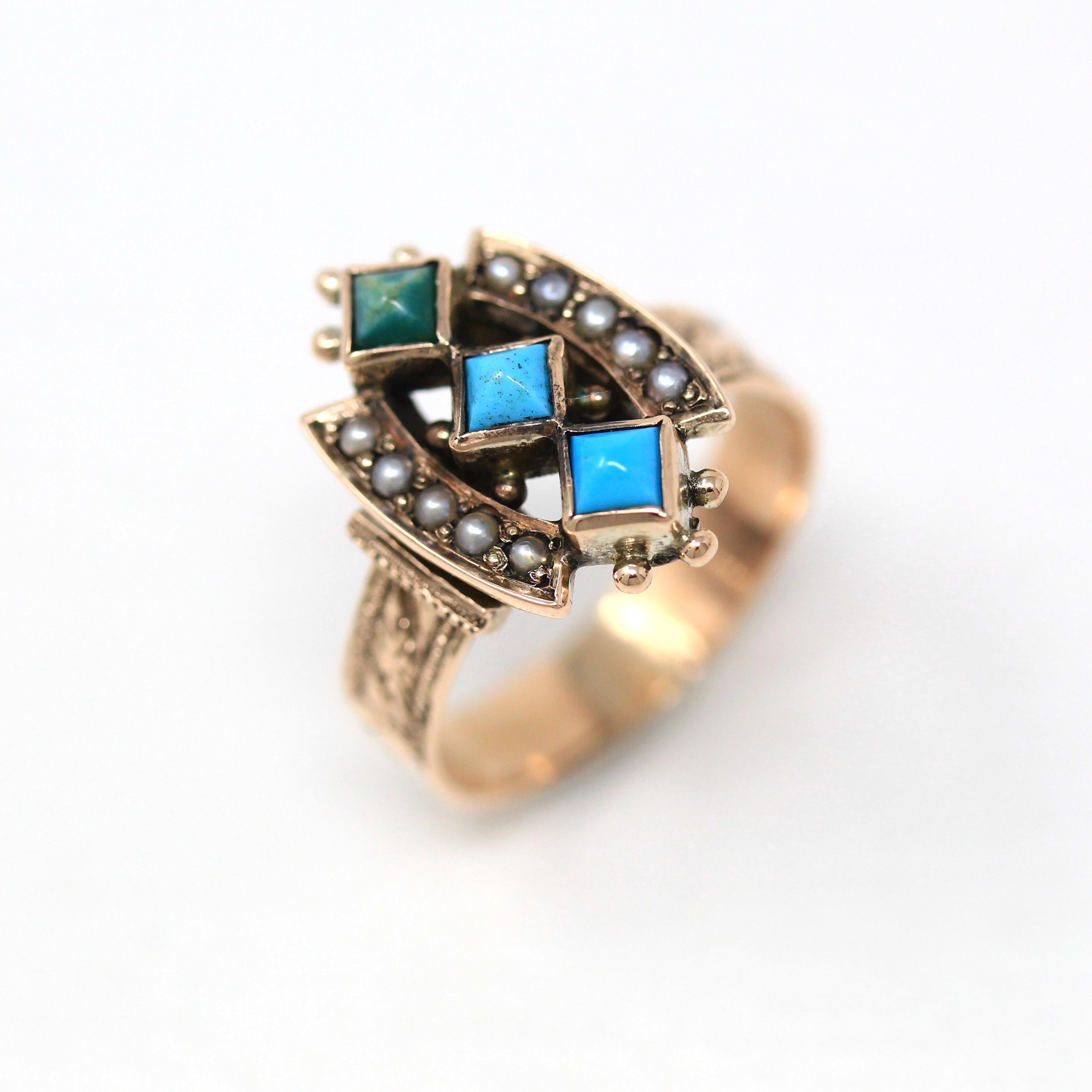 Antique Turquoise Ring - Victorian 10k Yellow Gold Green & Blue Genuine Gems Statement - Circa 1890s Era Size 6 1/4 Seed Pearl Fine Jewelry