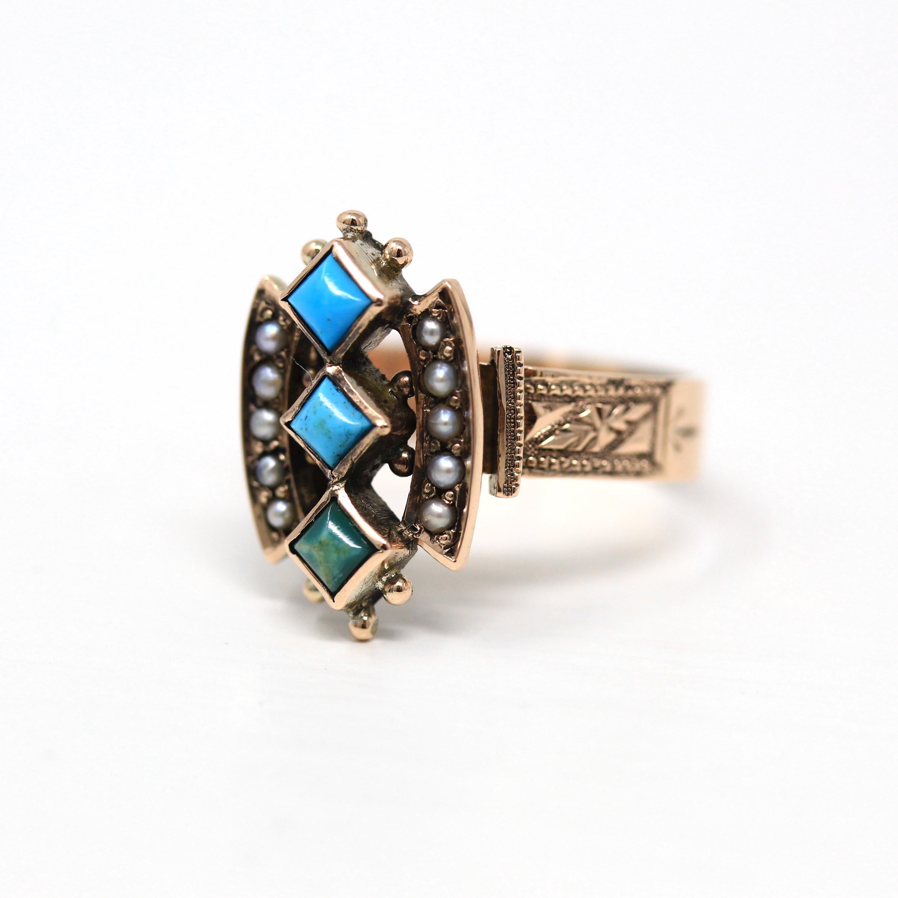 Antique Turquoise Ring - Victorian 10k Yellow Gold Green & Blue Genuine Gems Statement - Circa 1890s Era Size 6 1/4 Seed Pearl Fine Jewelry