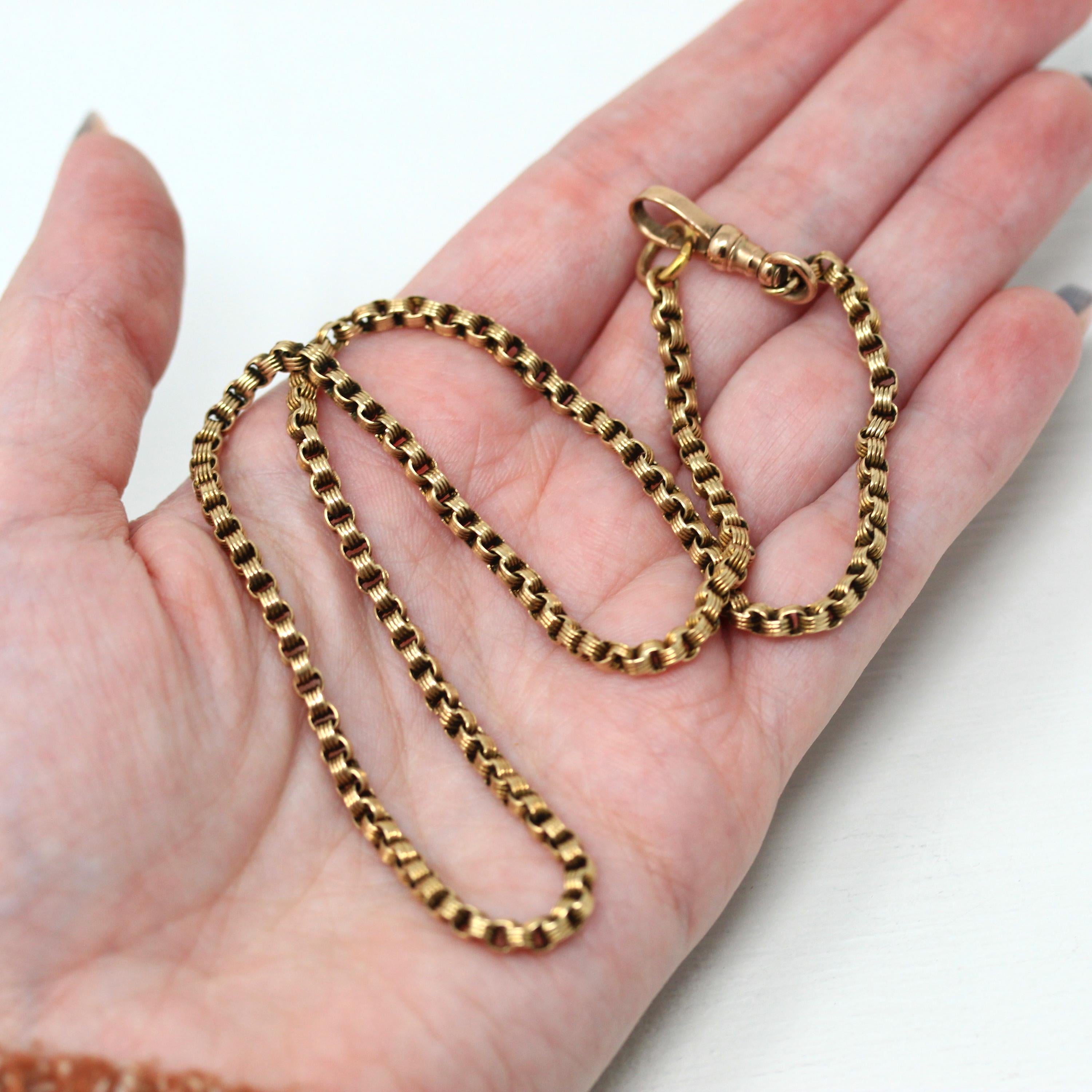 Pocket Watch Chain - Antique 14k Rosy Yellow Gold Belcher Rolo Linked Chain Dog Clip Clasp - Edwardian Circa 1910s Era Necklace Jewelry