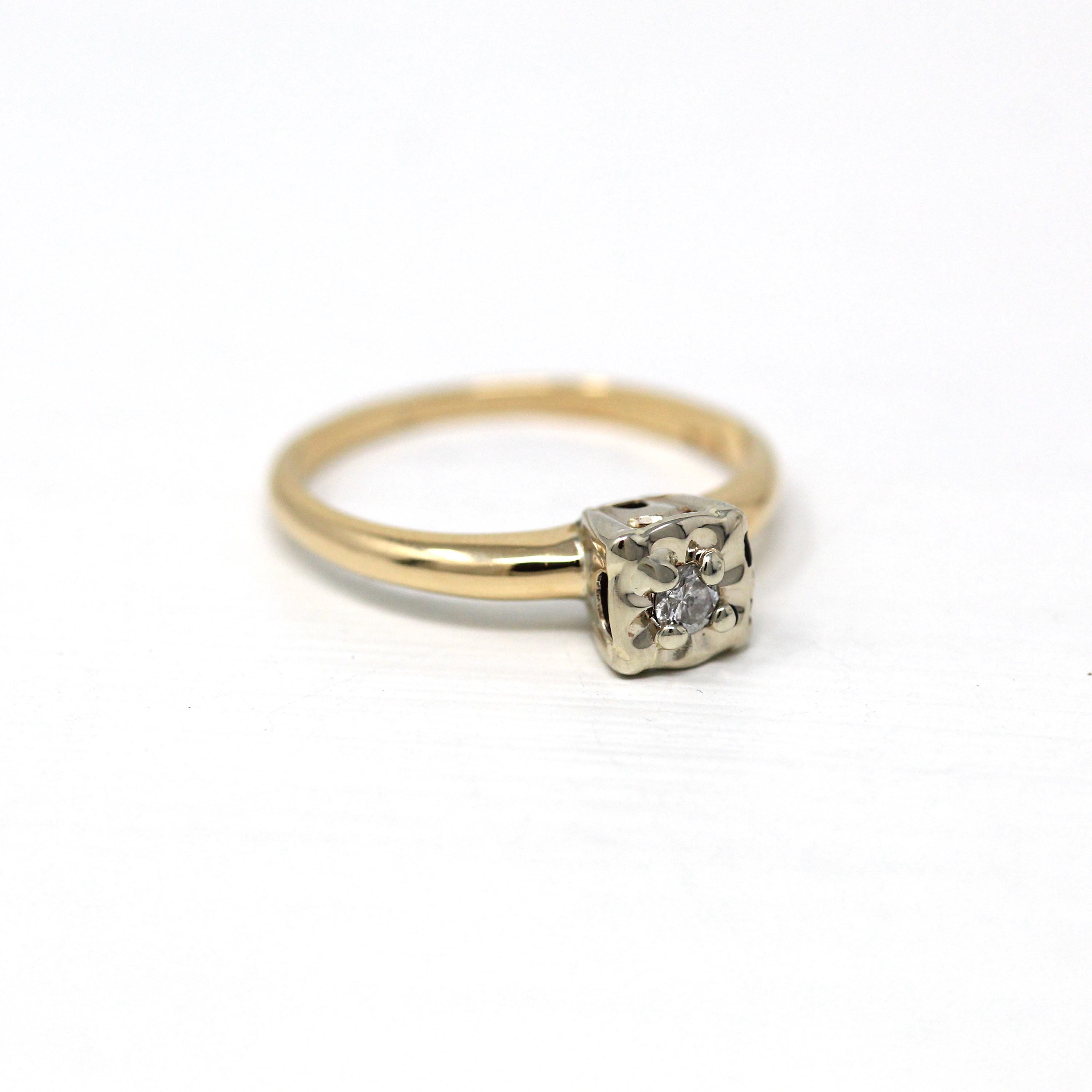 Vintage Diamond Ring - 14k Yellow White Gold Round .05 CT Solitaire Engagement - Size 5.5 Retro 1940s Era Illusion Head Fine Flower Jewelry