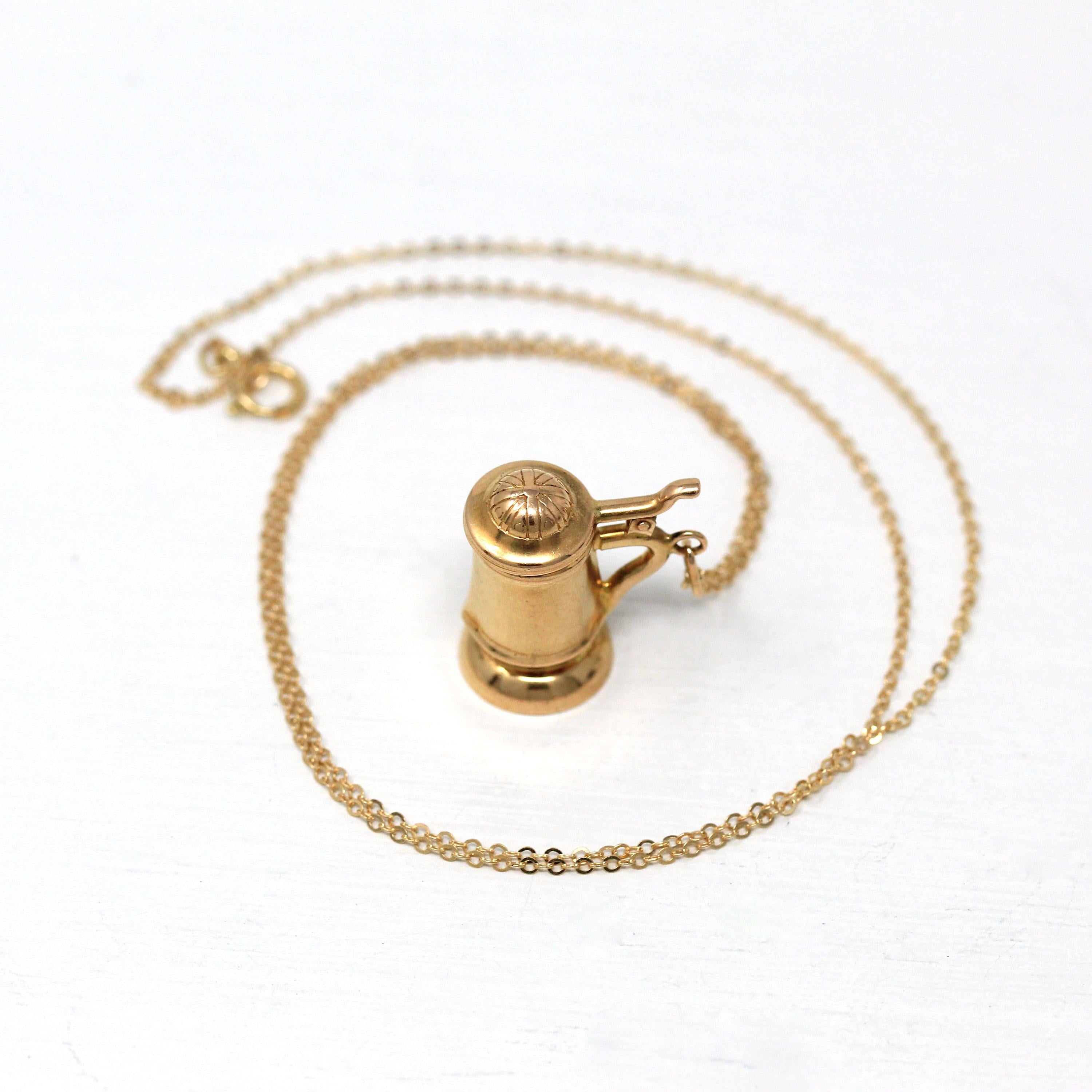 Beer Stein Charm - Retro 14k Yellow Gold Figural Mechanical Pendant Necklace - Vintage Circa 1960s Era 3D Drinking Mug Fine 60s Jewelry