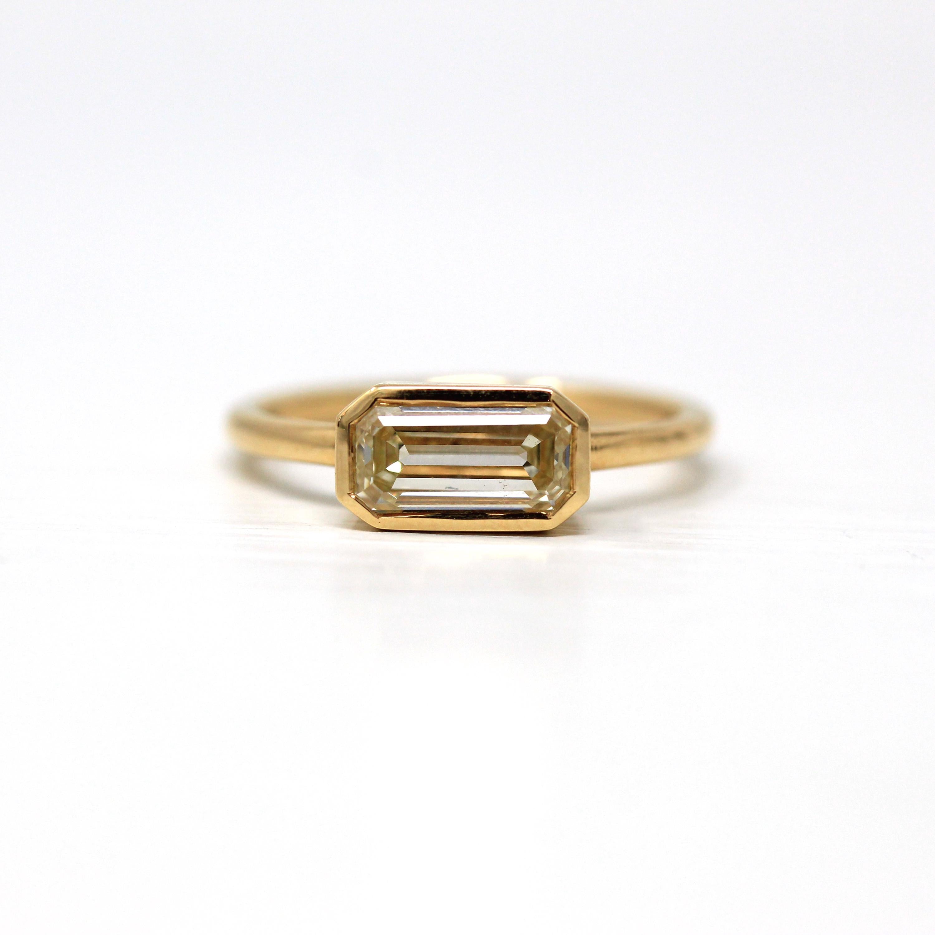 1.40 ct Emerald Cut Diamond Engagement Ring - 18k Yellow Gold Bezel East West Modern Setting - Recycled Vintage Diamond GIA Report Jewelry