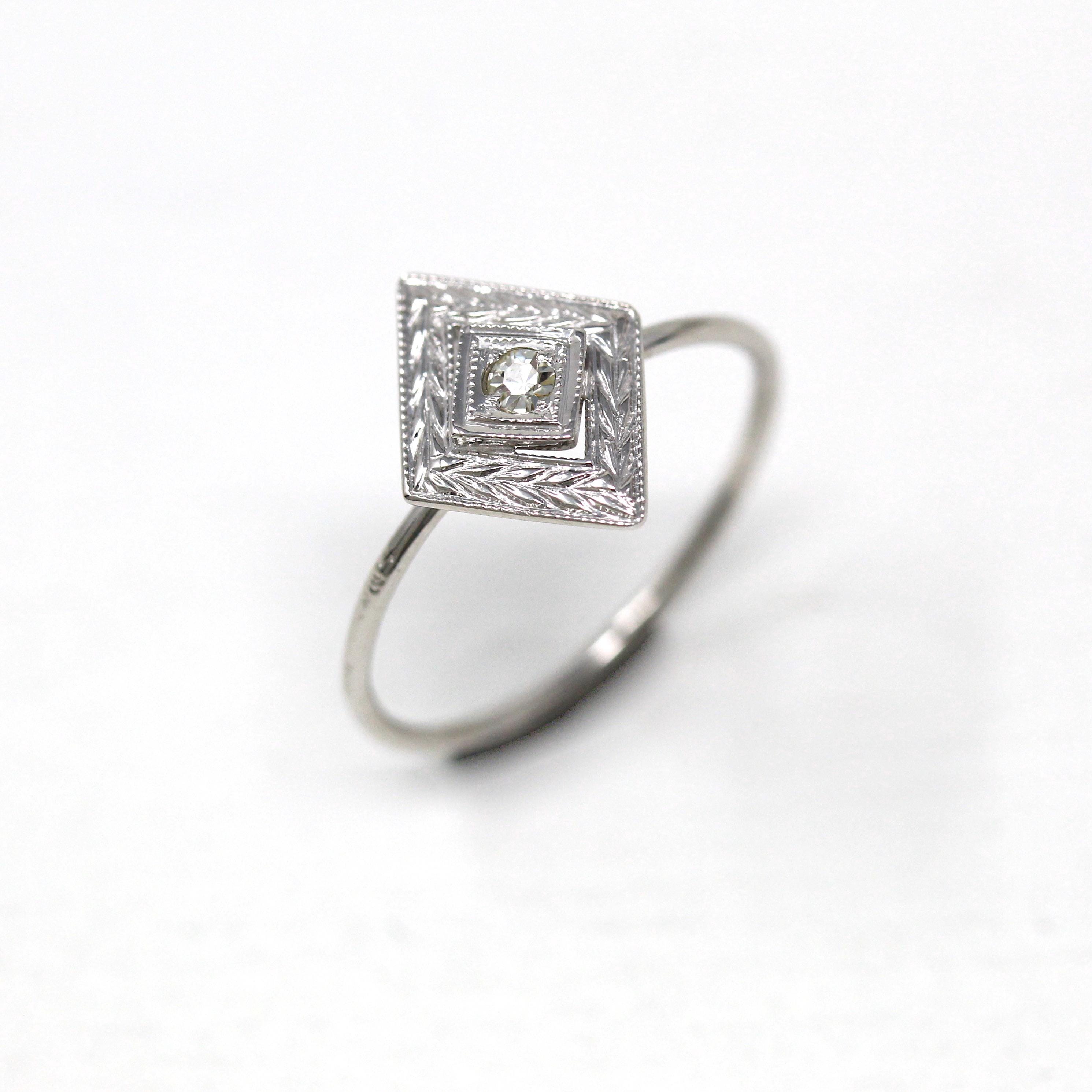 Diamond Shield Ring - Antique Art Deco 10k White Gold Stick Pin Conversion Ring - Size 6 Vintage 1930s Fine Leaf Halo Gemstone Jewelry