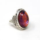 Dragon's Breath Ring - Art Deco Sterling Silver Orange Purple Blue Art Glass - Antique Circa 1930s Era Oval Cabochon Cut 30s Jewelry