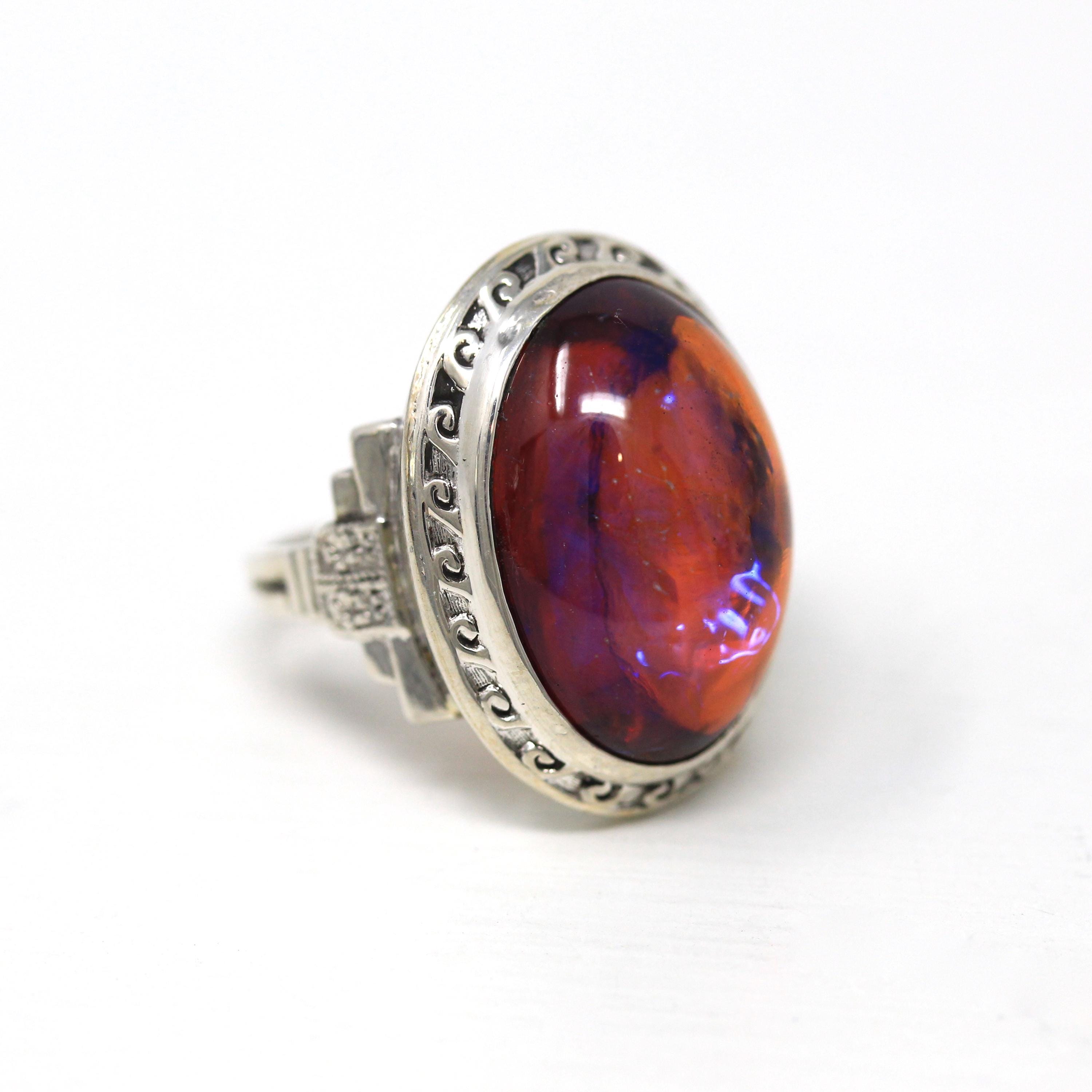 Dragon's Breath Ring - Art Deco Sterling Silver Orange Purple Blue Art Glass - Antique Circa 1930s Era Oval Cabochon Cut 30s Jewelry