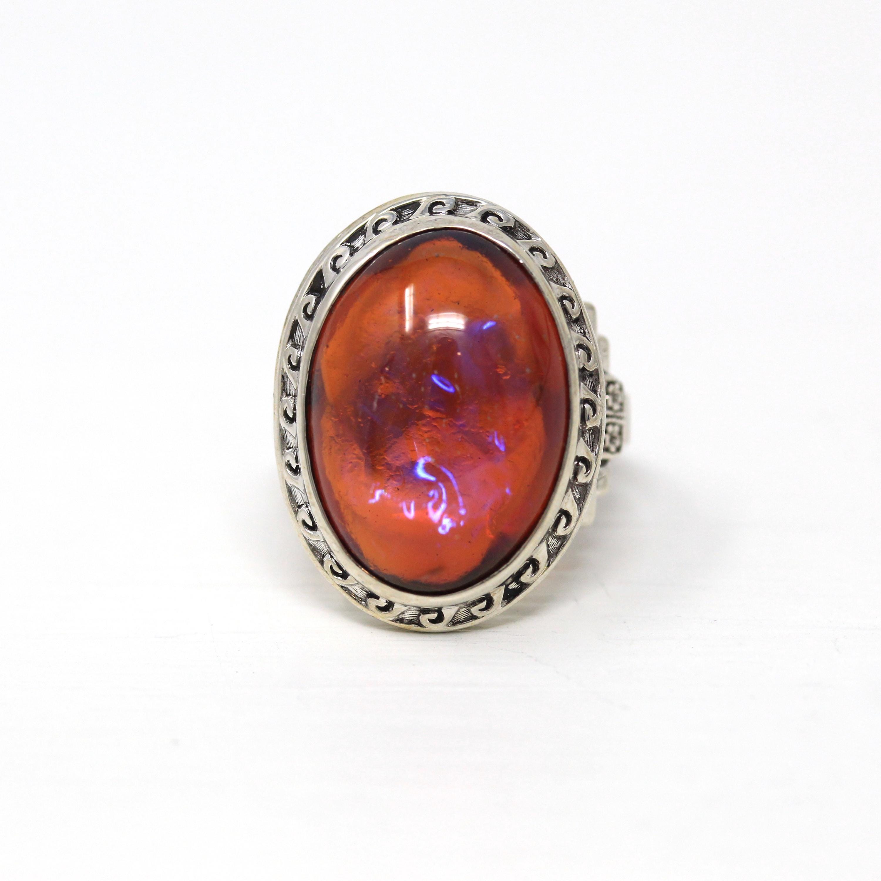 Dragon's Breath Ring - Art Deco Sterling Silver Orange Purple Blue Art Glass - Antique Circa 1930s Era Oval Cabochon Cut 30s Jewelry