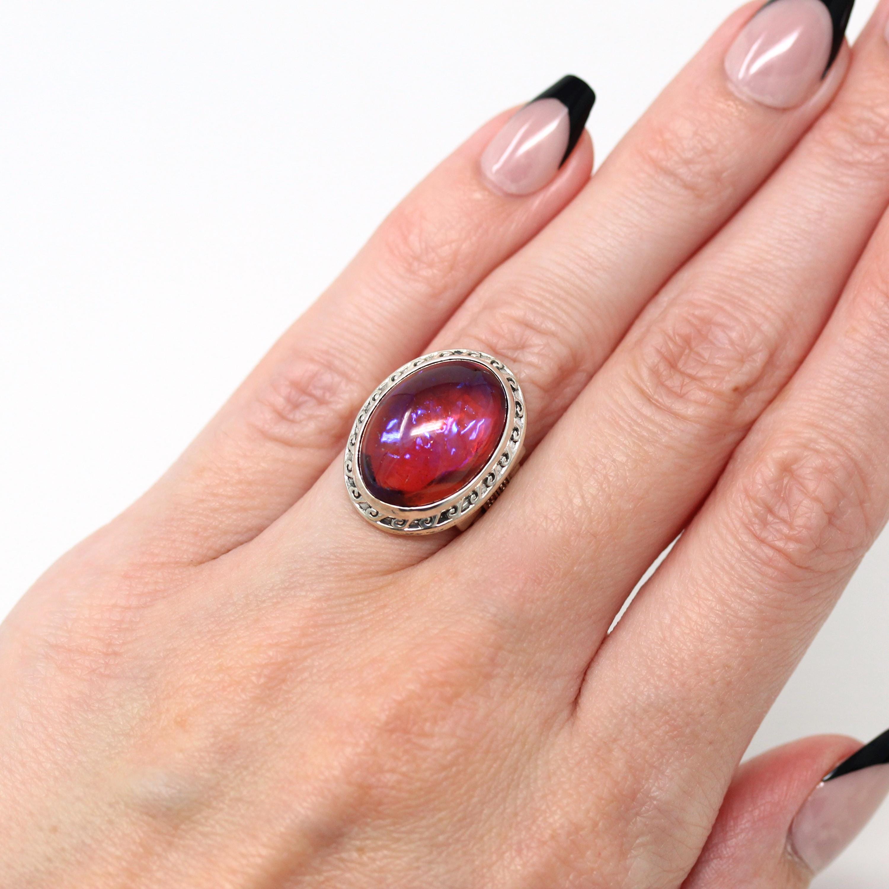 Dragon's Breath Ring - Art Deco Sterling Silver Orange Purple Blue Art Glass - Antique Circa 1930s Era Oval Cabochon Cut 30s Jewelry