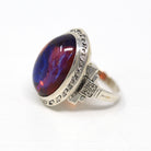 Dragon's Breath Ring - Art Deco Sterling Silver Orange Purple Blue Art Glass - Antique Circa 1930s Era Oval Cabochon Cut 30s Jewelry