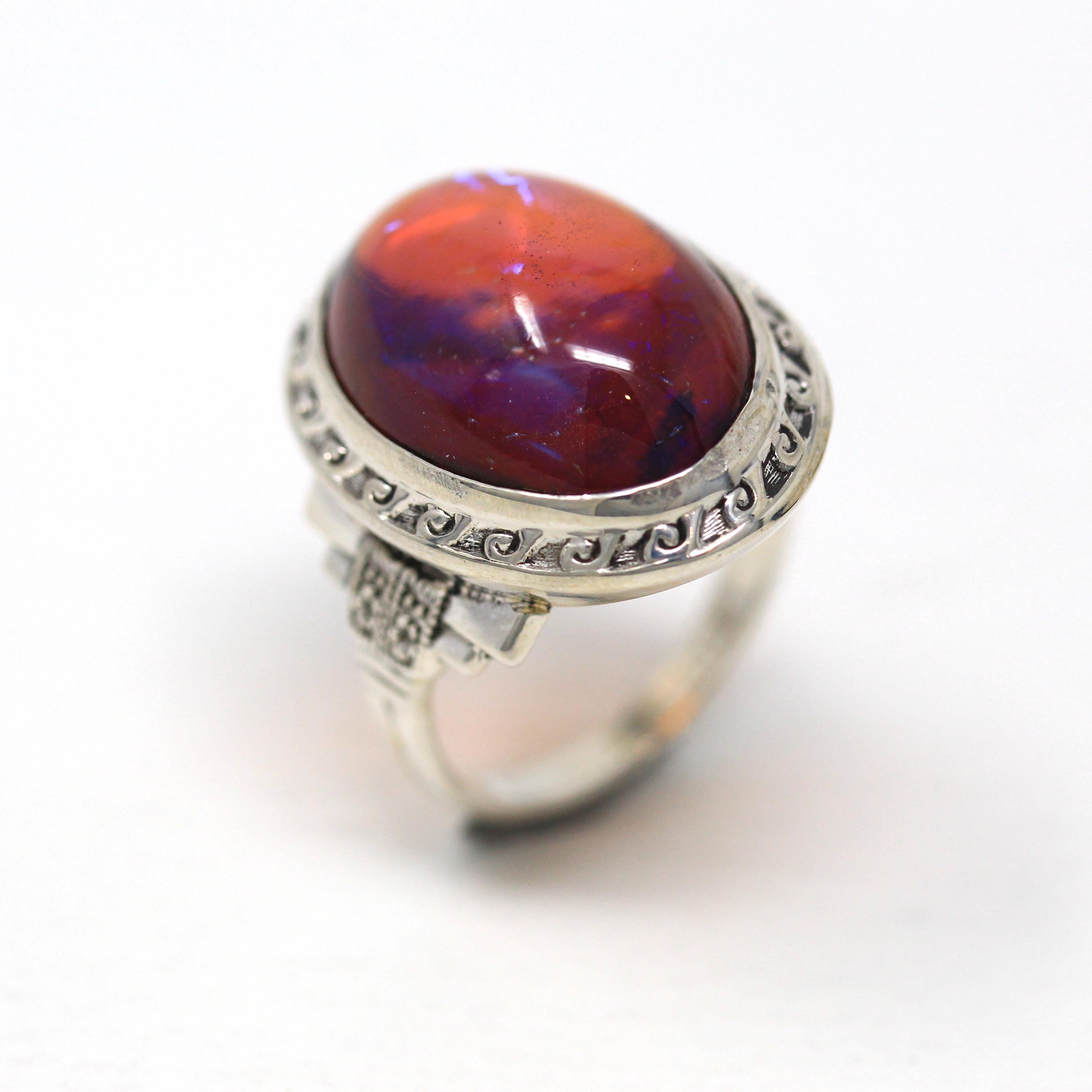 Dragon's Breath Ring - Art Deco Sterling Silver Orange Purple Blue Art Glass - Antique Circa 1930s Era Oval Cabochon Cut 30s Jewelry