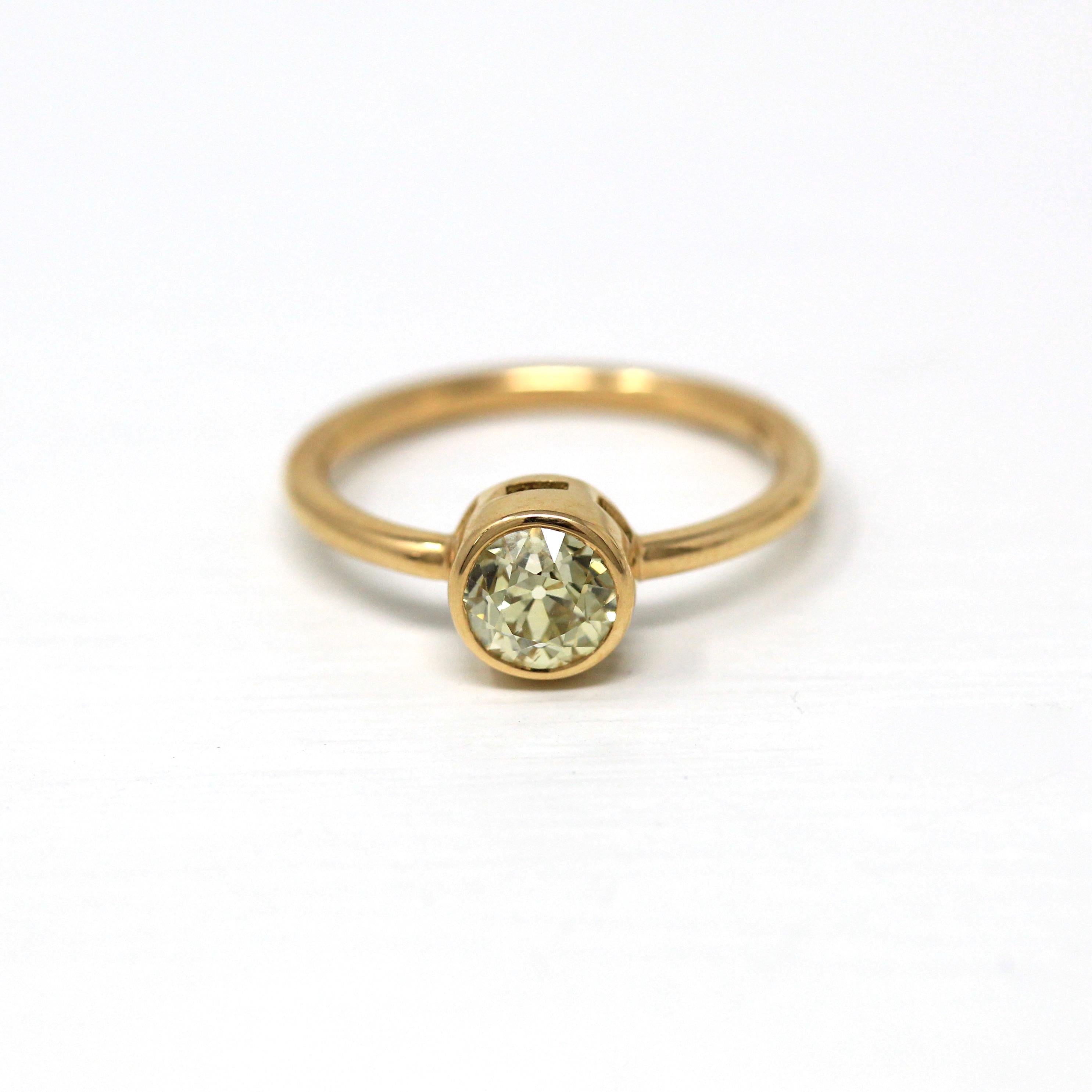 Vintage .97 ct Old European Cut Diamond Engagement Ring - 18k Yellow Gold Bezel Set Fancy Light Yellow Gem - Size 6 GIA Report Fine Jewelry