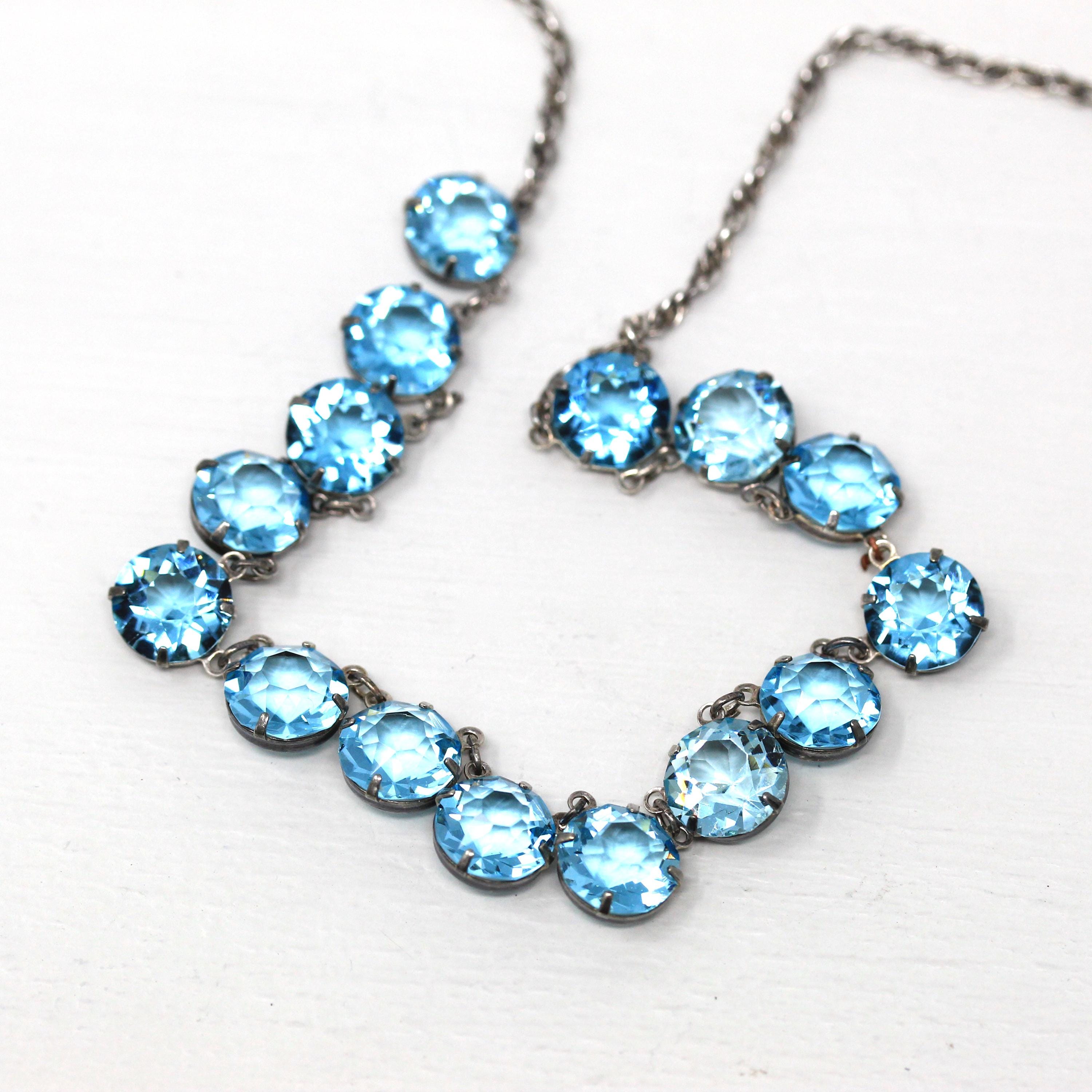 Art Deco Necklace - Vintage Sterling Silver Blue Glass Stones Collar Bib Choker - Circa 1930s 14 3/4" Inches Flapper Statement 30s Jewelry