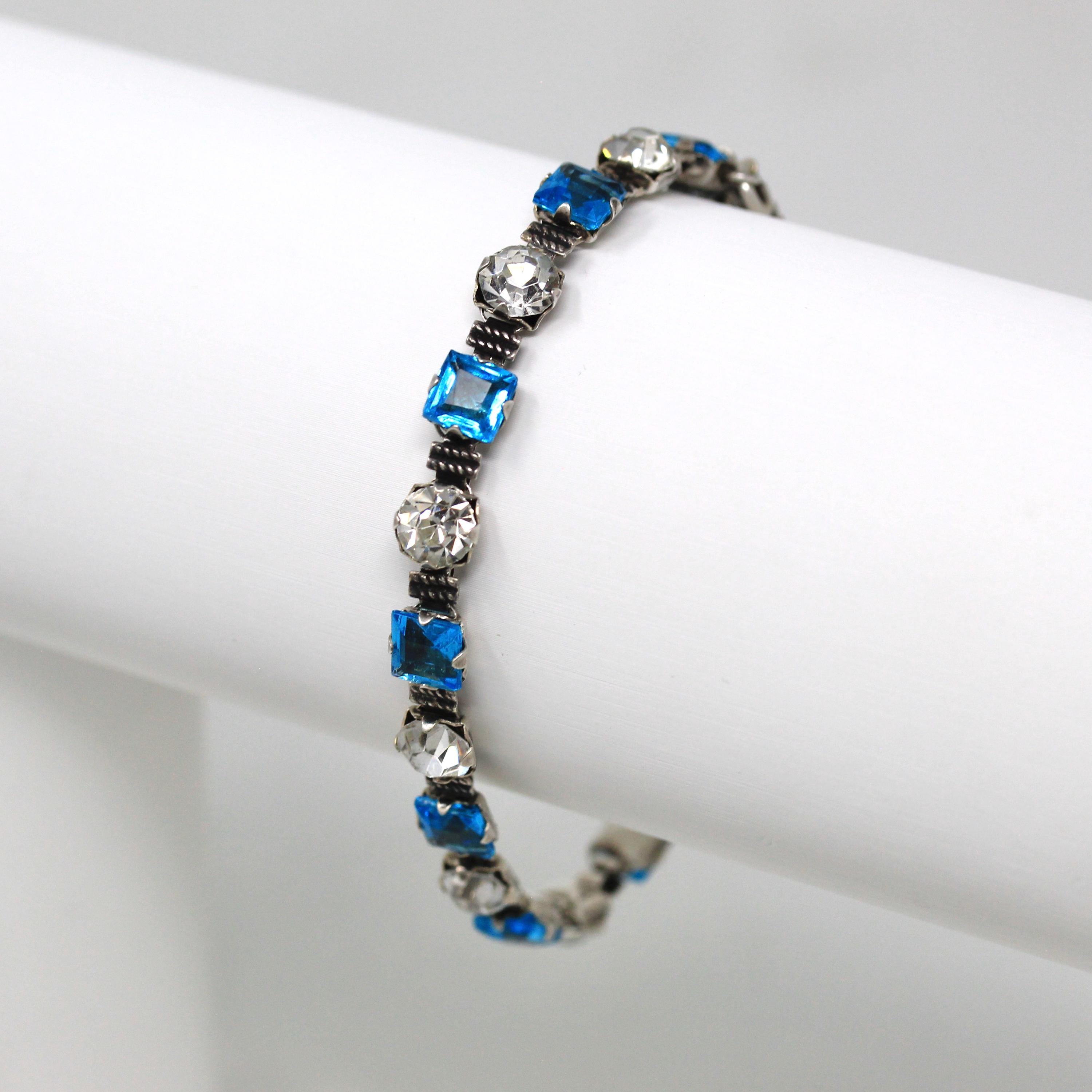 Art Deco Bracelet - Vintage Sterling Silver Blue & White Glass Rhinestones Safety Chain - Circa 1930s Statement Fashion Accessory Jewelry