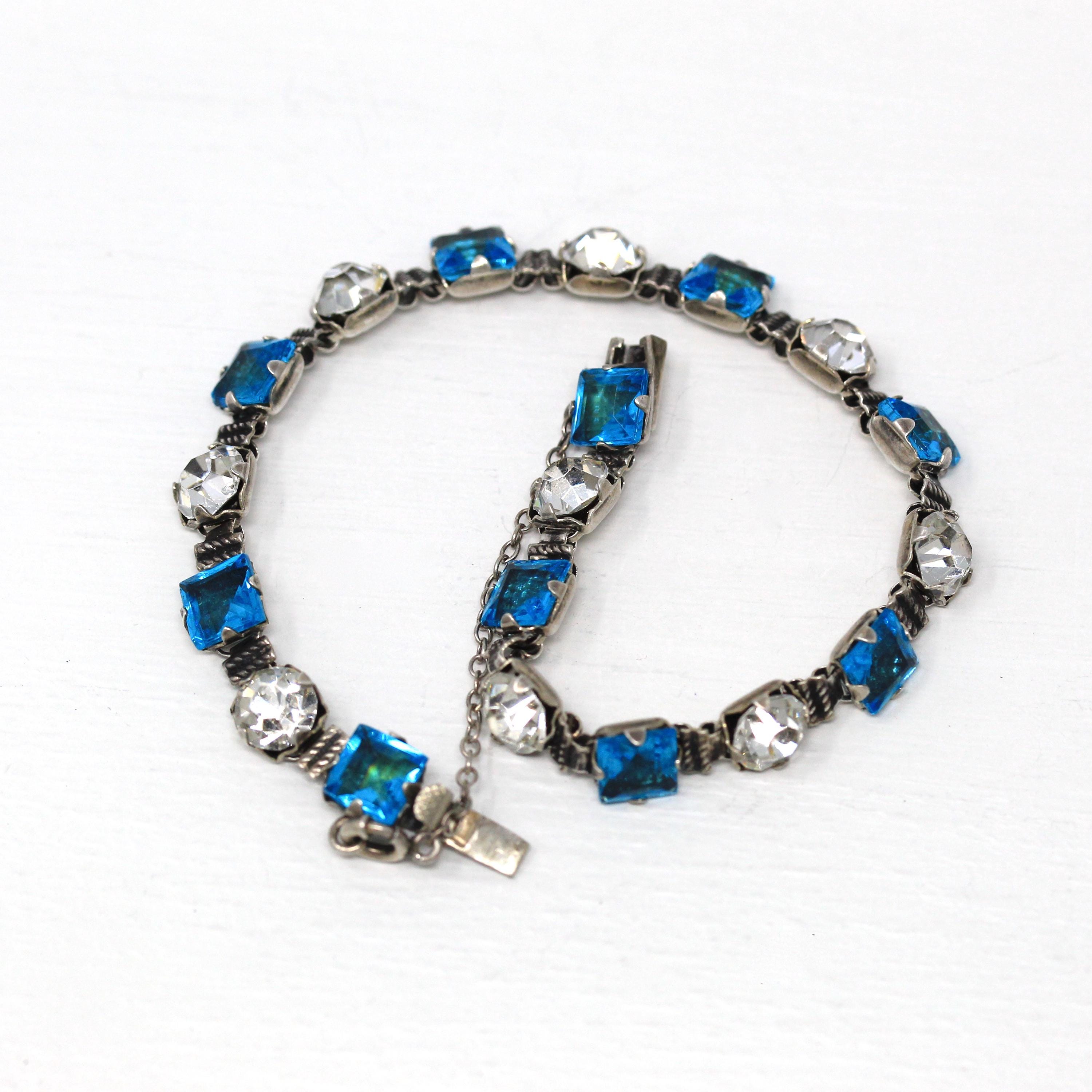 Art Deco Bracelet - Vintage Sterling Silver Blue & White Glass Rhinestones Safety Chain - Circa 1930s Statement Fashion Accessory Jewelry