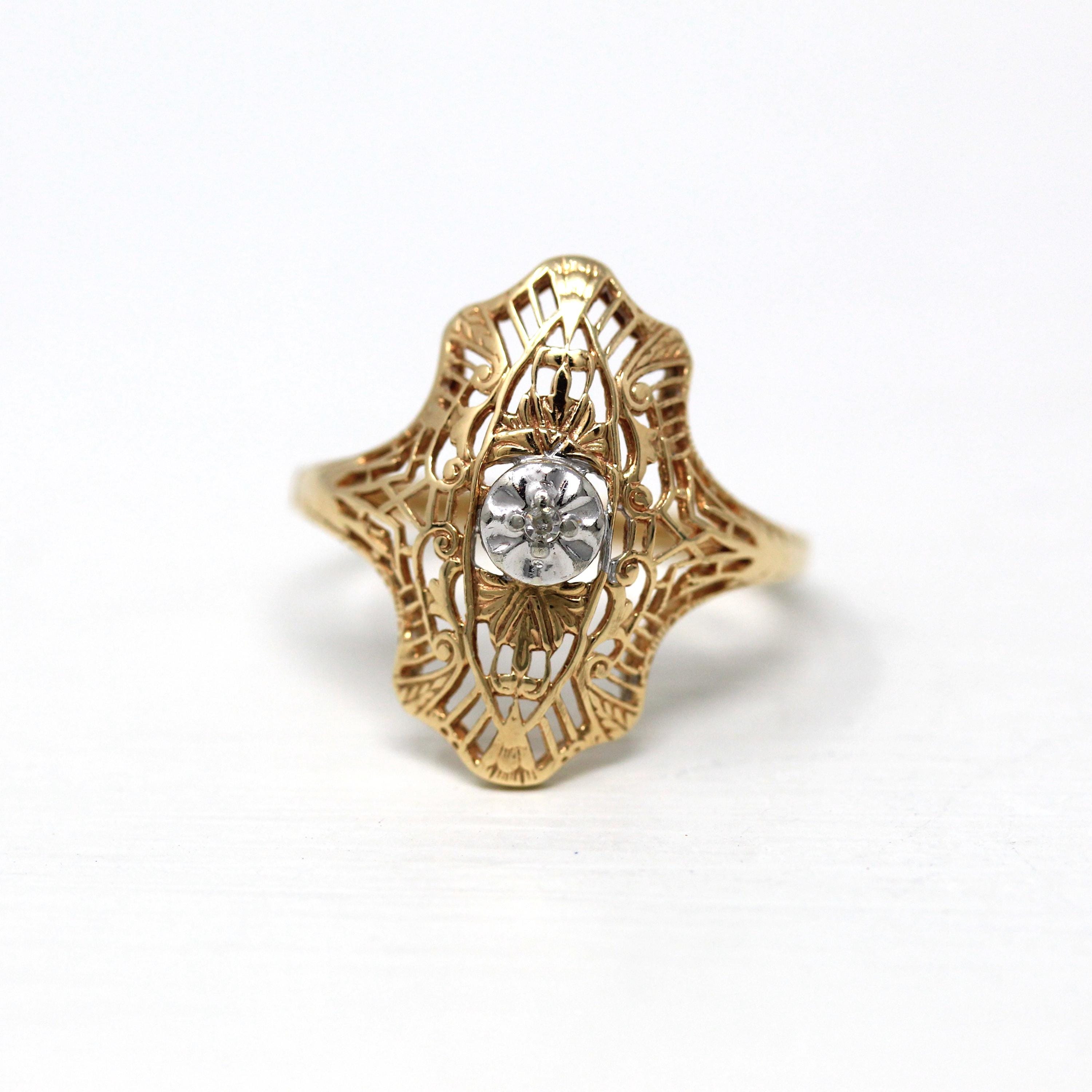 Diamond Shield Ring - Retro 10k Yellow & White Gold Filigree Two Tone Statement - Vintage Circa 1970s Era Art Deco Style Size 6 Fine Jewelry