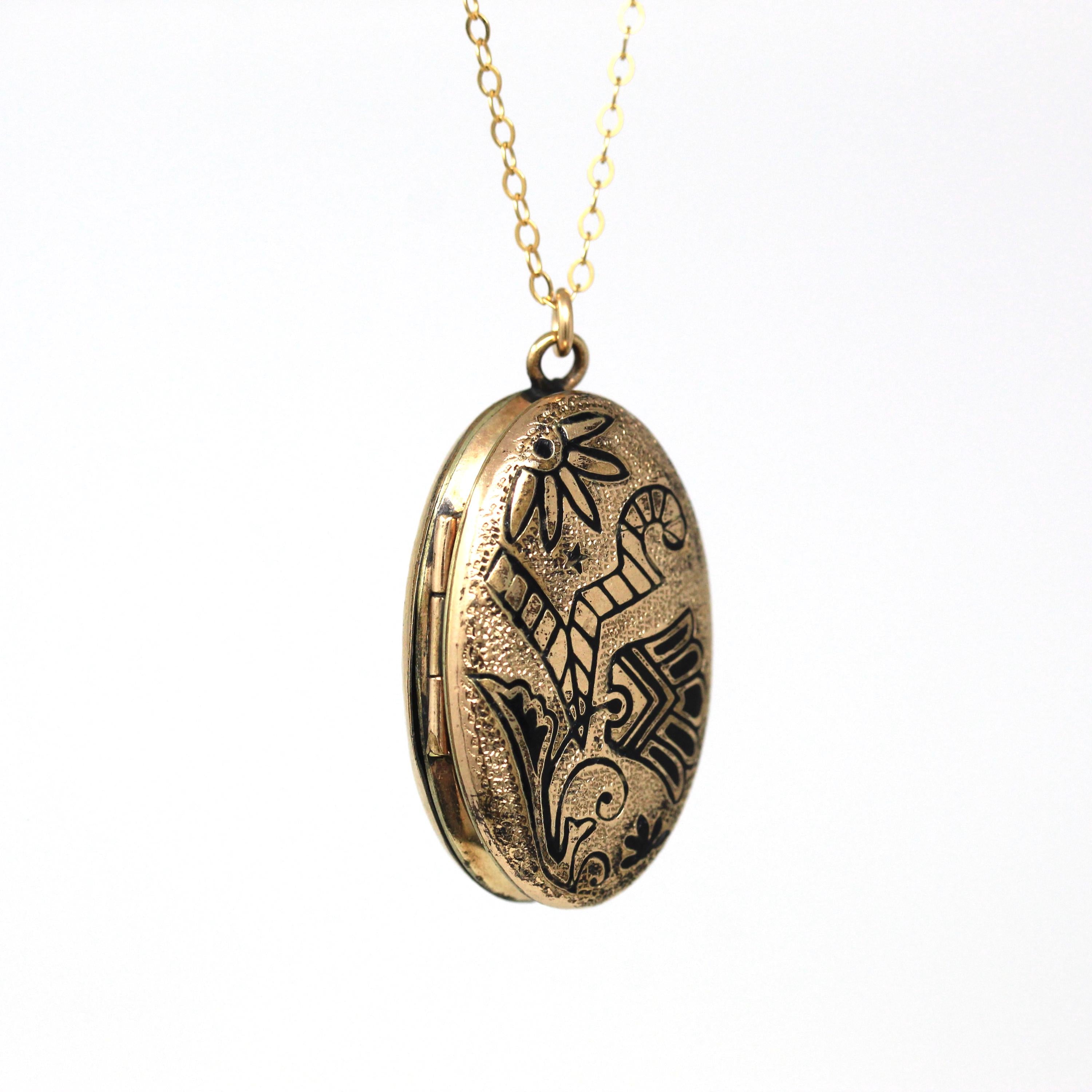 Victorian Photo Locket - Antique Gold Filled Oval Black Enamel Fob Pendant Necklace - Circa 1890s Era Flower Leaf Taille D'Epargné Jewelry