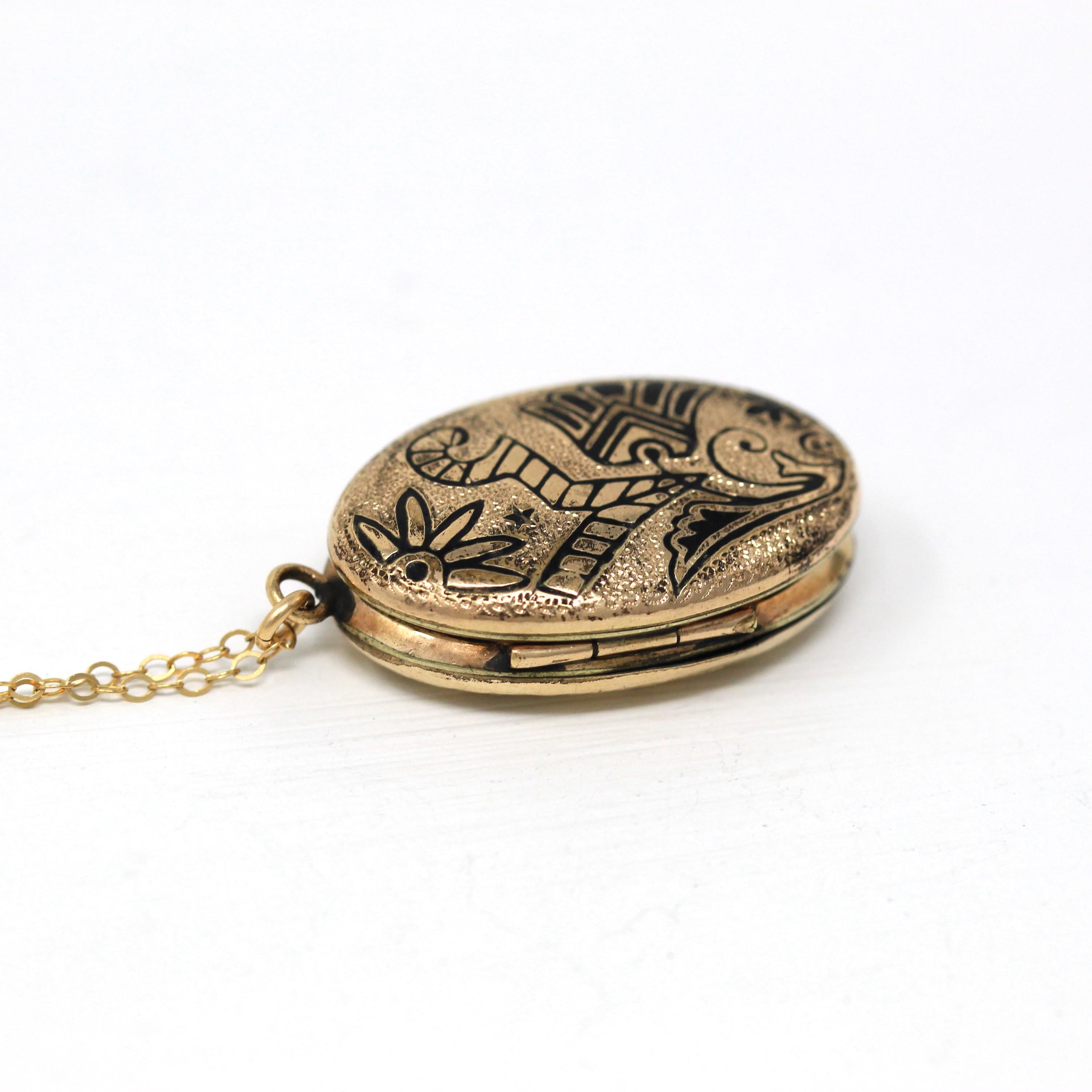 Victorian Photo Locket - Antique Gold Filled Oval Black Enamel Fob Pendant Necklace - Circa 1890s Era Flower Leaf Taille D'Epargné Jewelry