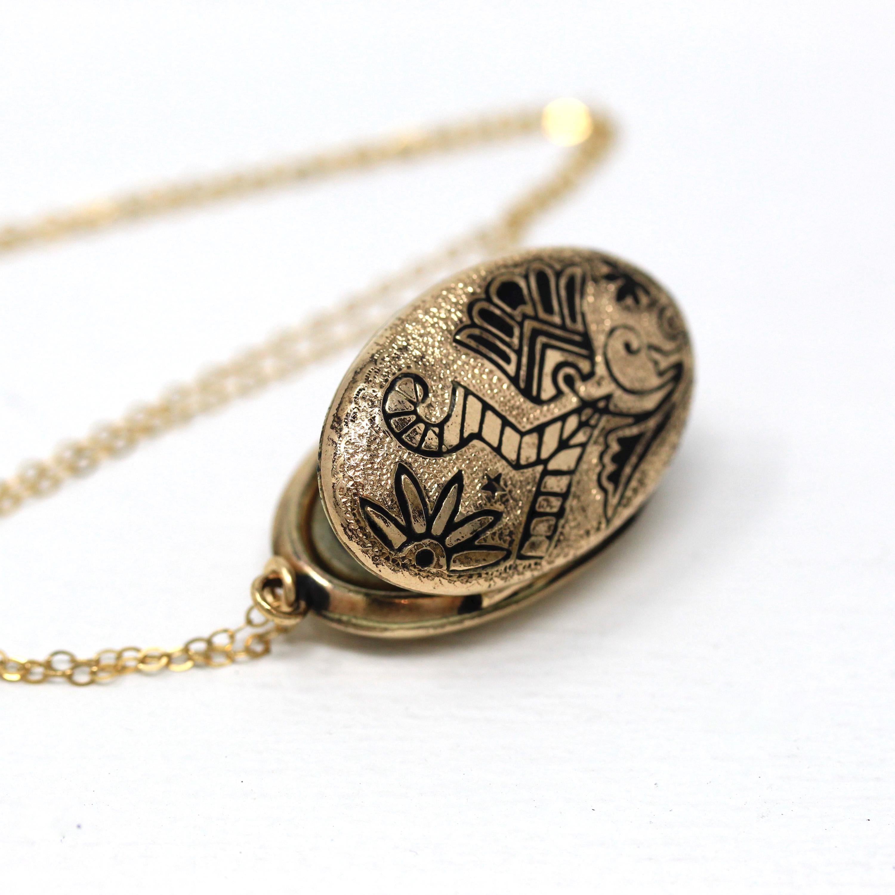 Victorian Photo Locket - Antique Gold Filled Oval Black Enamel Fob Pendant Necklace - Circa 1890s Era Flower Leaf Taille D'Epargné Jewelry