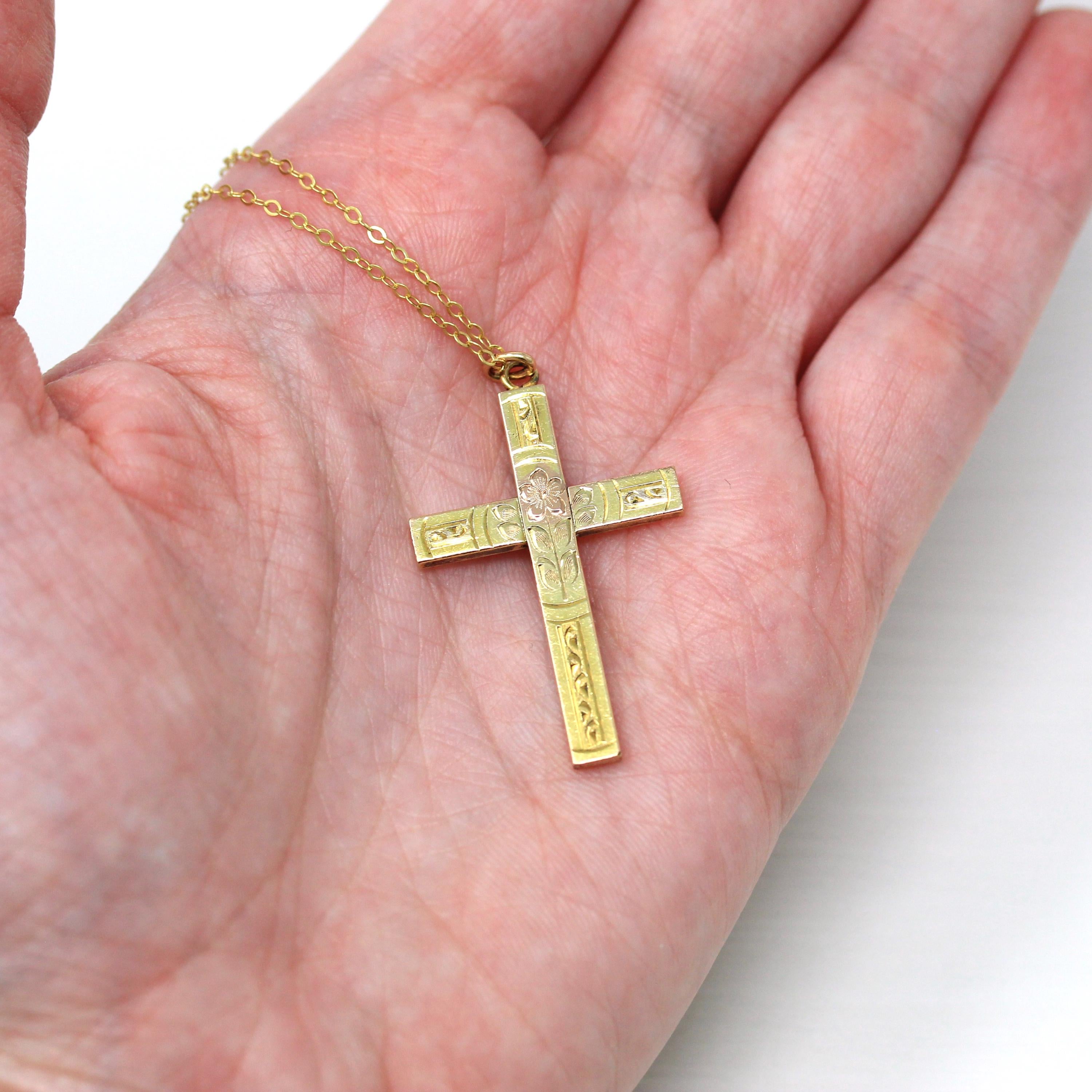 Vintage Cross Necklace - Retro 12k Gold Filled Engraved Flowers Pendant Charm - Circa 1940s Era Religious Faith Statement 40s Jewelry