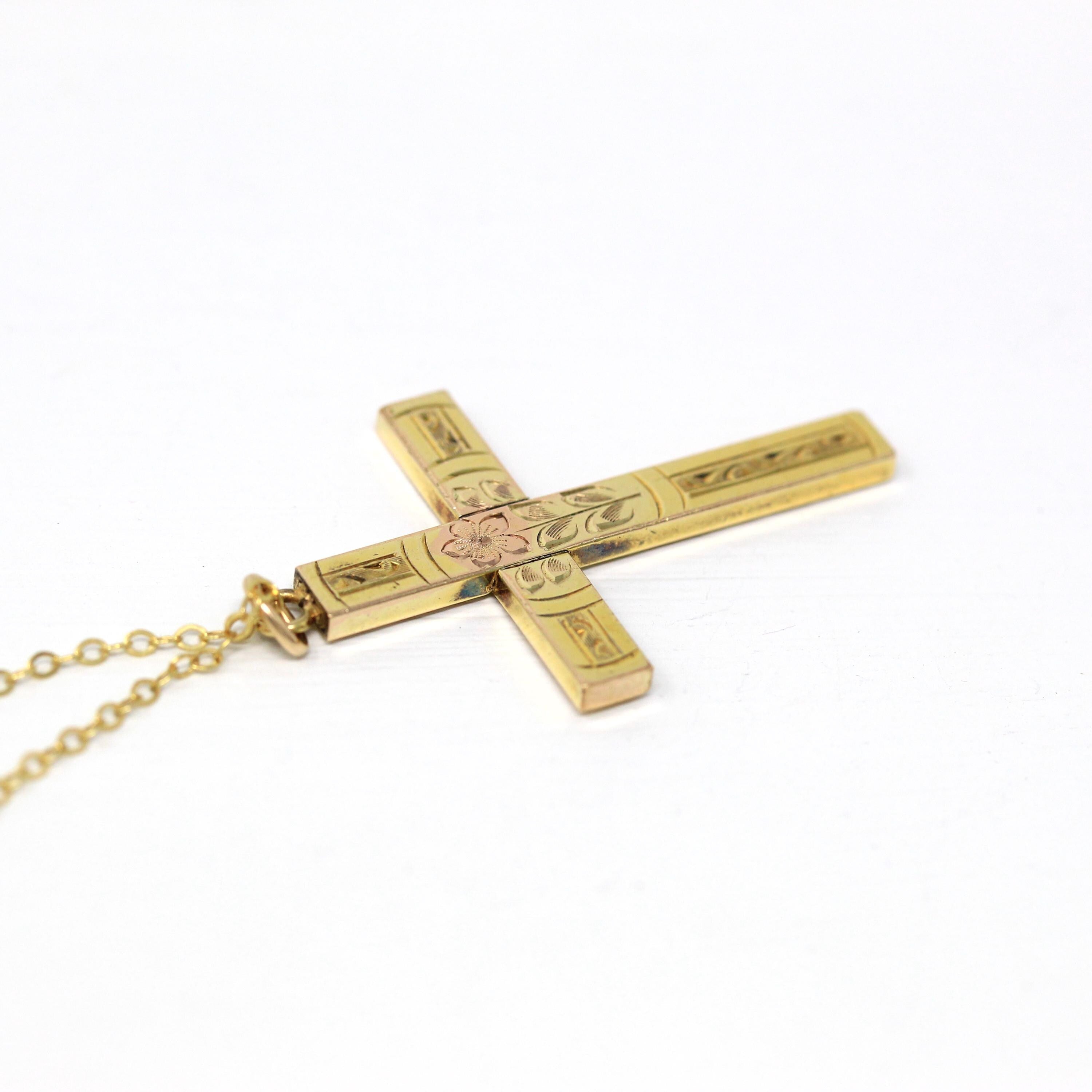 Vintage Cross Necklace - Retro 12k Gold Filled Engraved Flowers Pendant Charm - Circa 1940s Era Religious Faith Statement 40s Jewelry