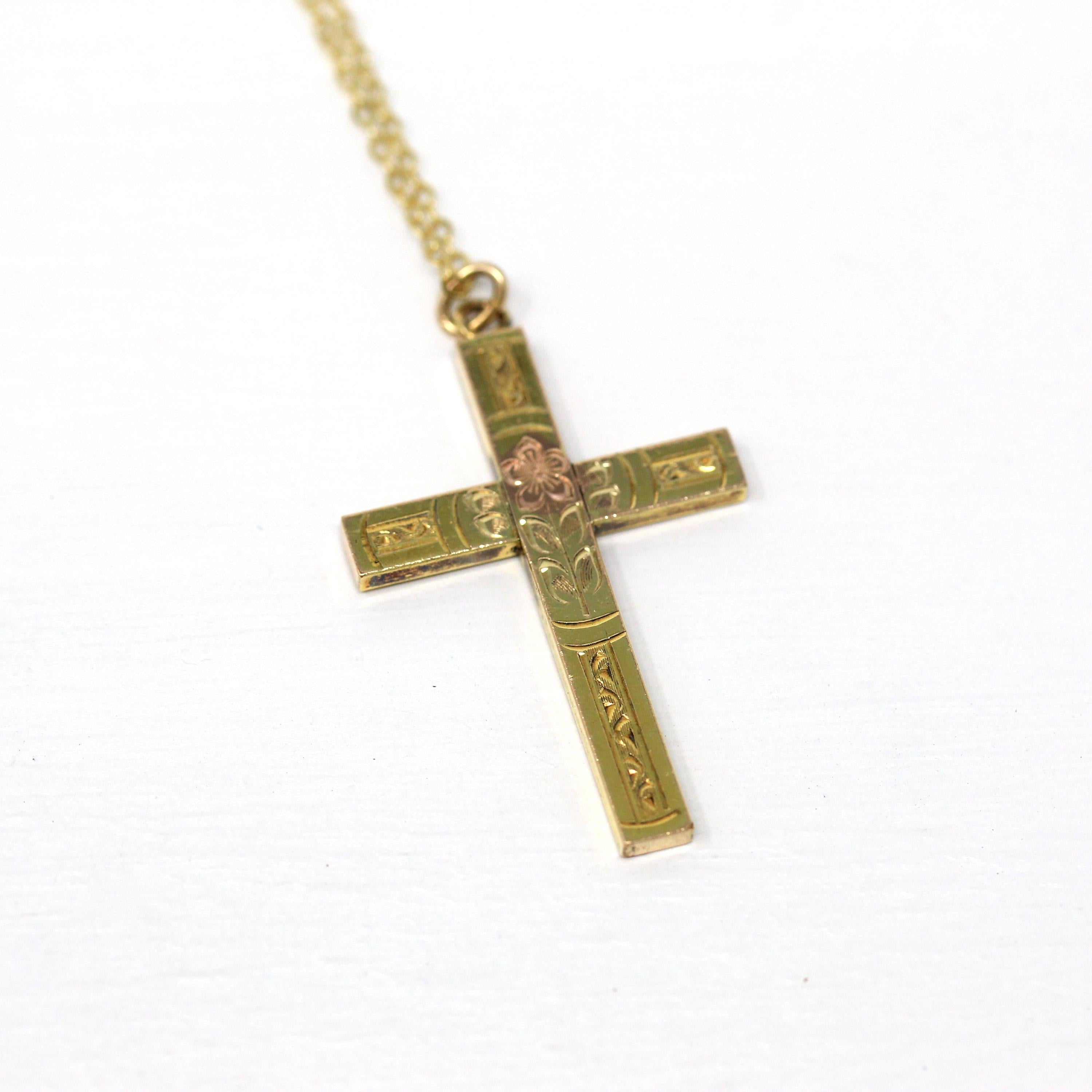 Vintage Cross Necklace - Retro 12k Gold Filled Engraved Flowers Pendant Charm - Circa 1940s Era Religious Faith Statement 40s Jewelry