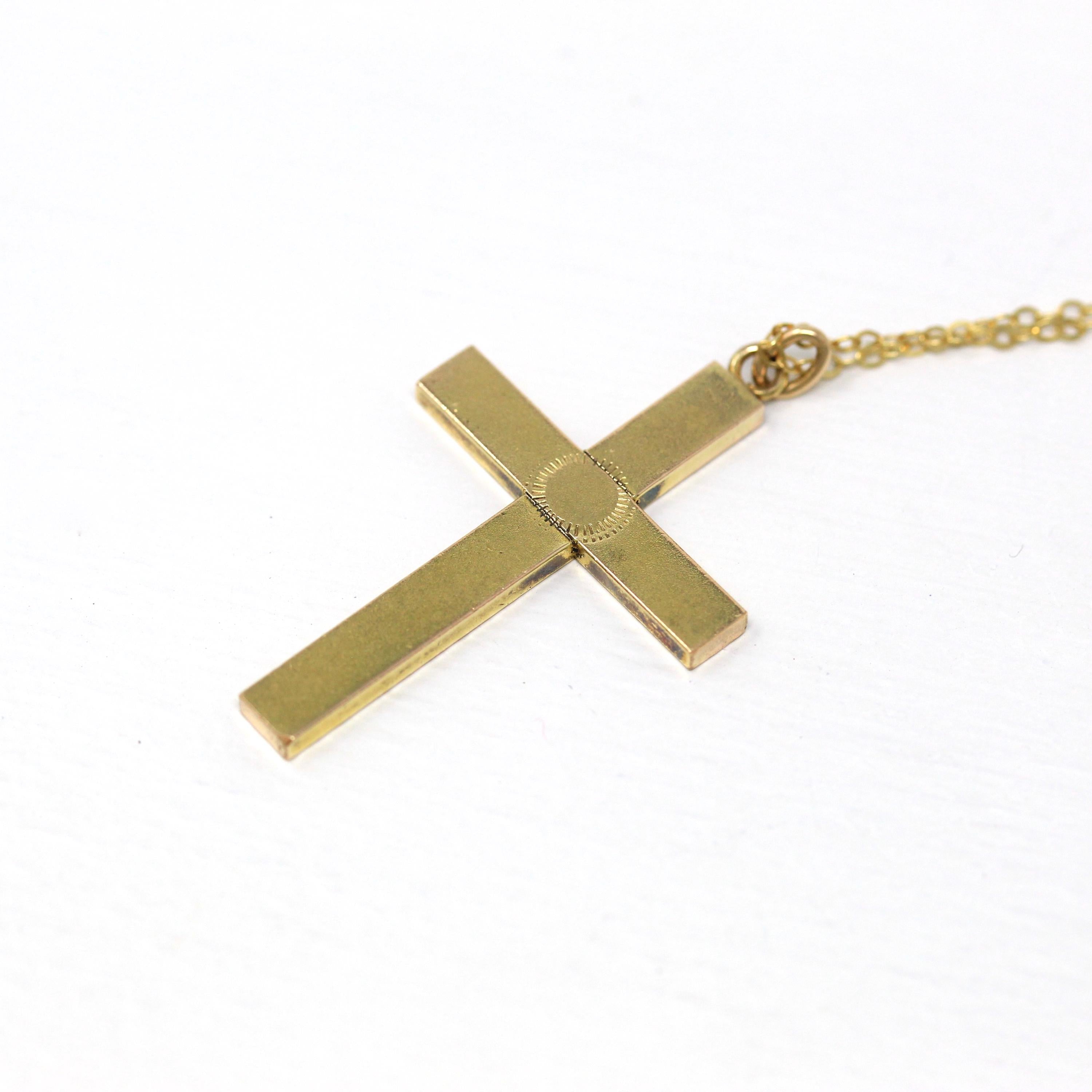 Vintage Cross Necklace - Retro 12k Gold Filled Engraved Flowers Pendant Charm - Circa 1940s Era Religious Faith Statement 40s Jewelry