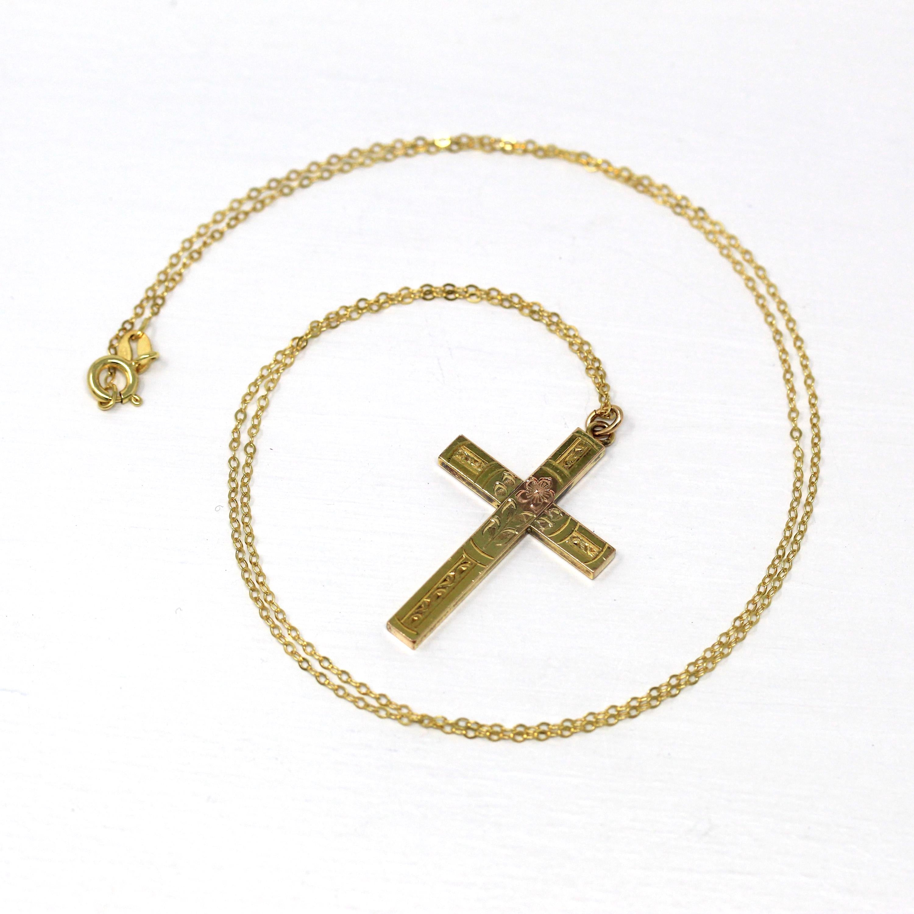 Vintage Cross Necklace - Retro 12k Gold Filled Engraved Flowers Pendant Charm - Circa 1940s Era Religious Faith Statement 40s Jewelry