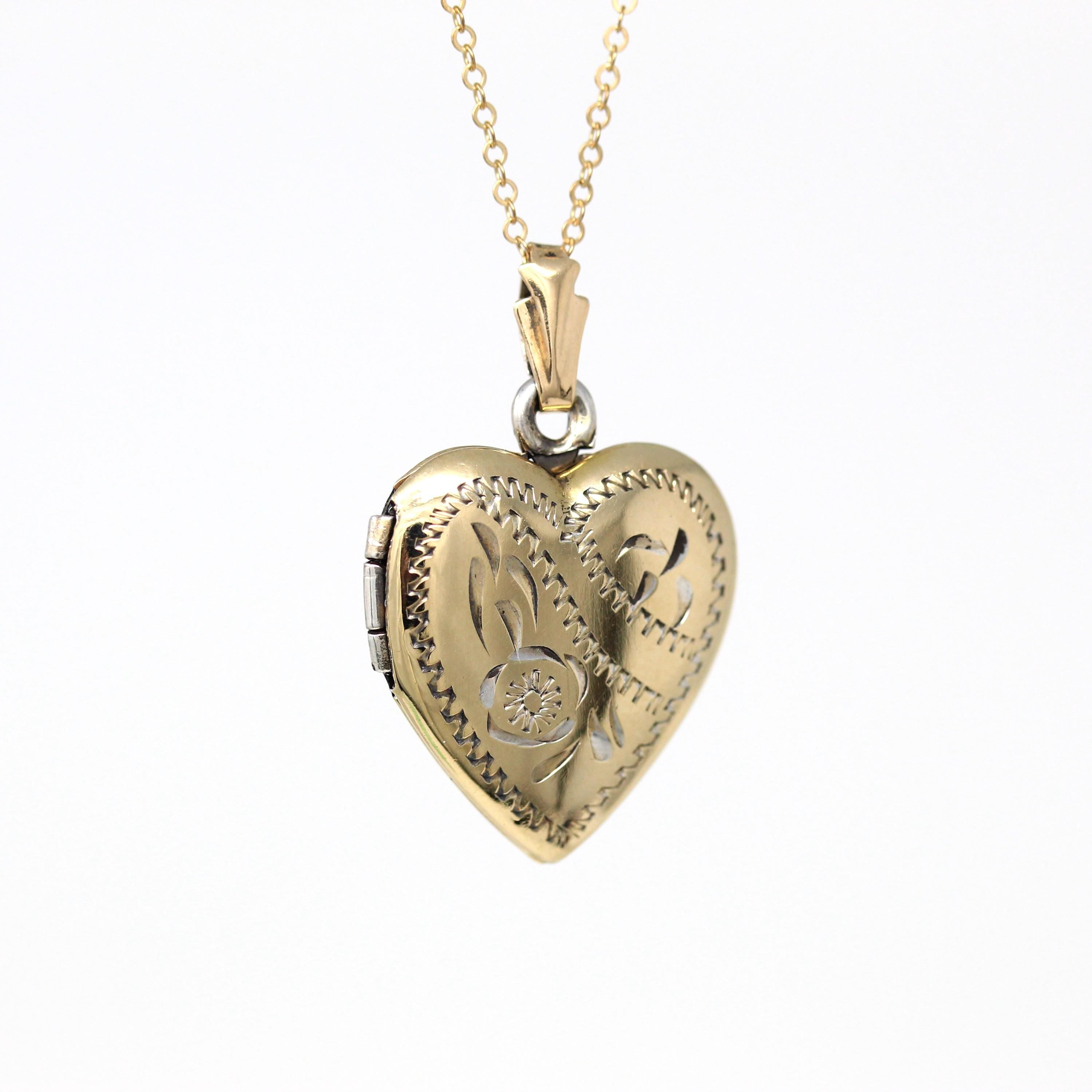 Vintage Heart Locket - Retro 10k Gold Filled Floral Design Flowers Pendant Necklace - Circa 1940s Era Keepsake Photograph 40s Jewelry